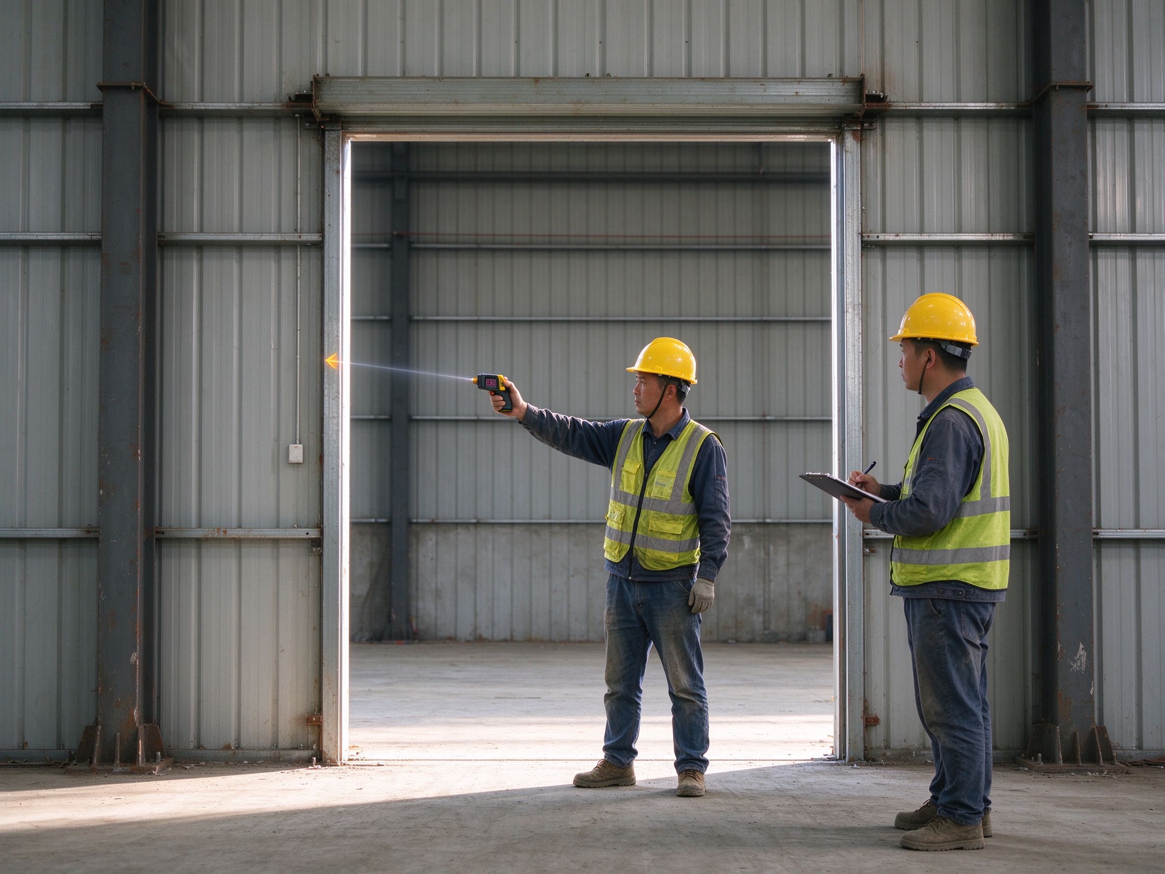 Workers checking opening dimensions at a steel building doorway (illustrative concept image)