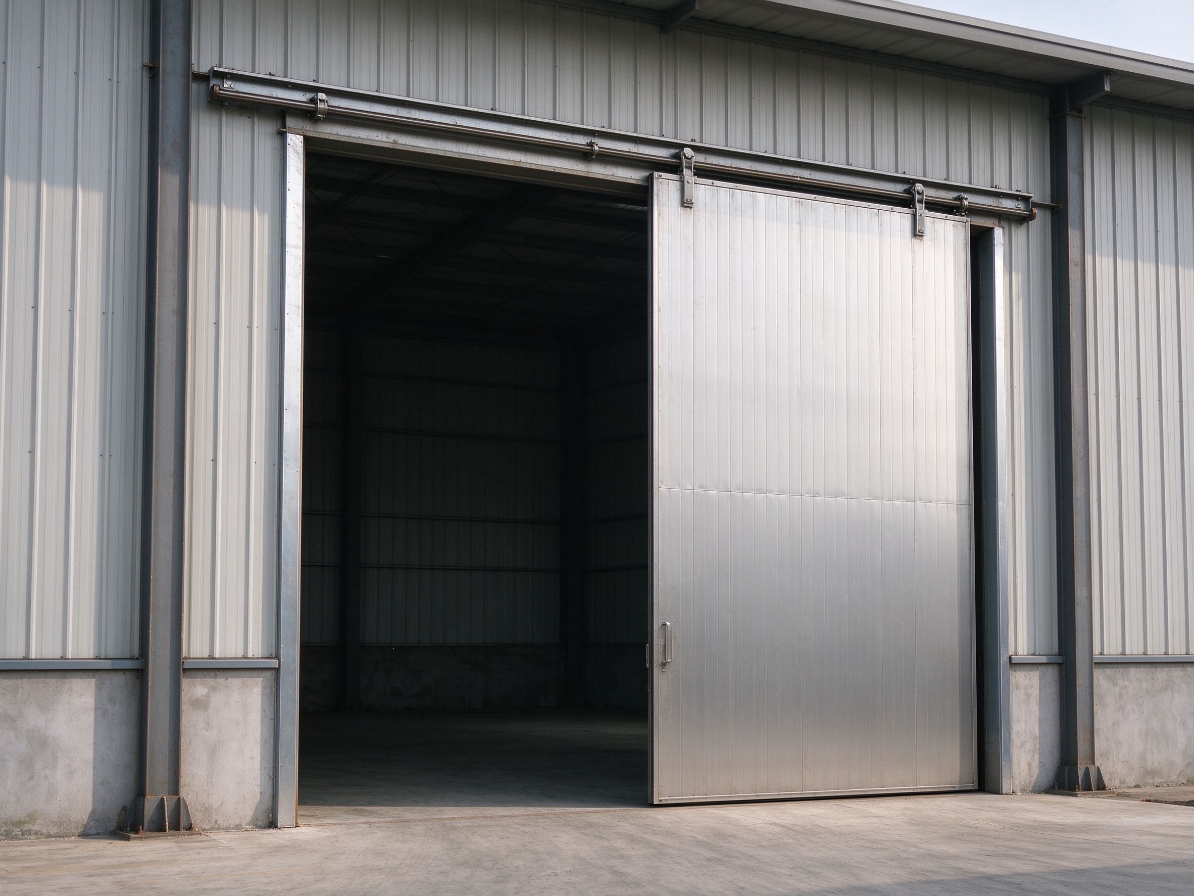 Sliding door opening on a steel building side wall (illustrative concept image)
