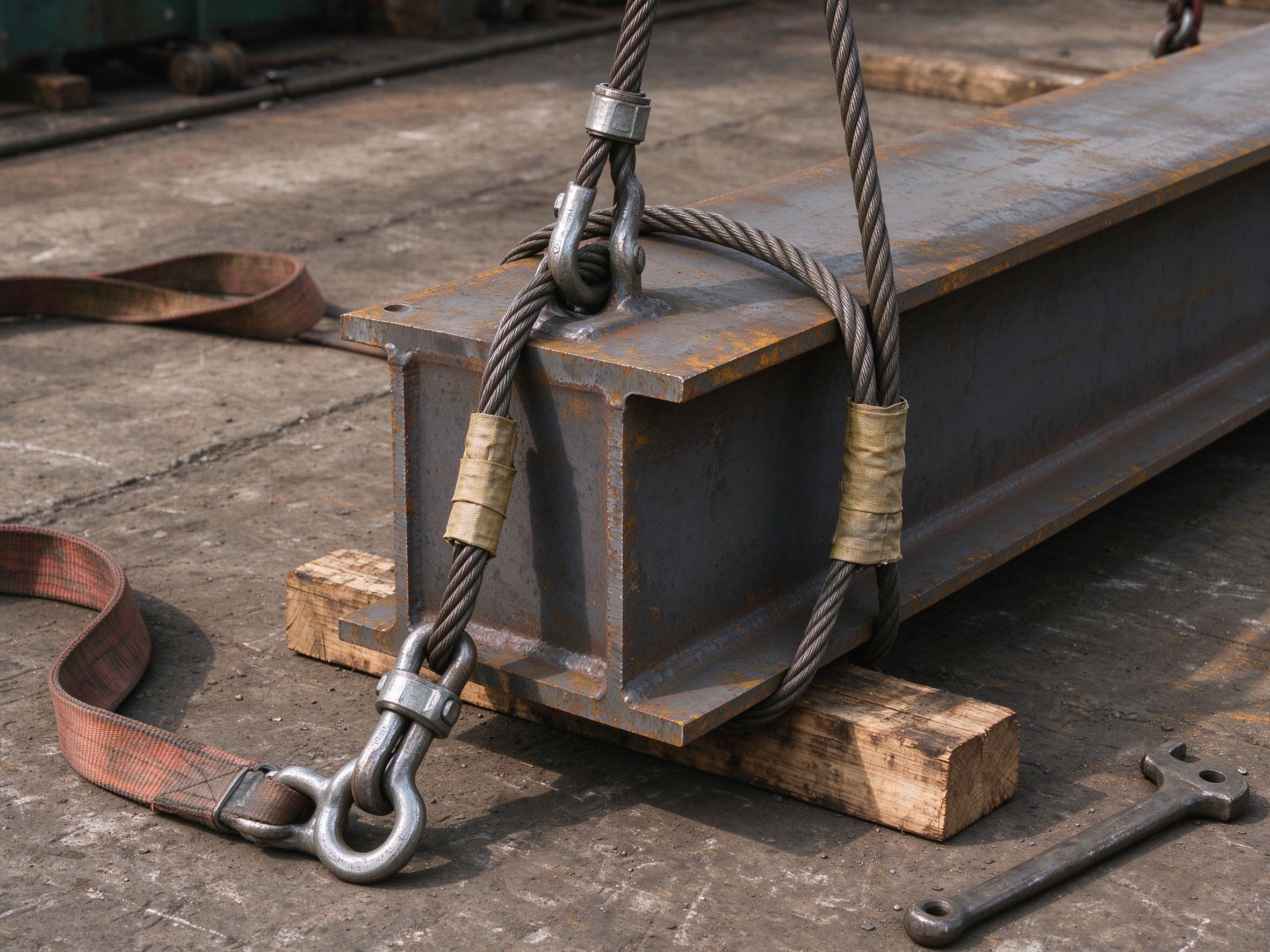 Sling and shackle rigging on a steel beam (illustrative concept image)