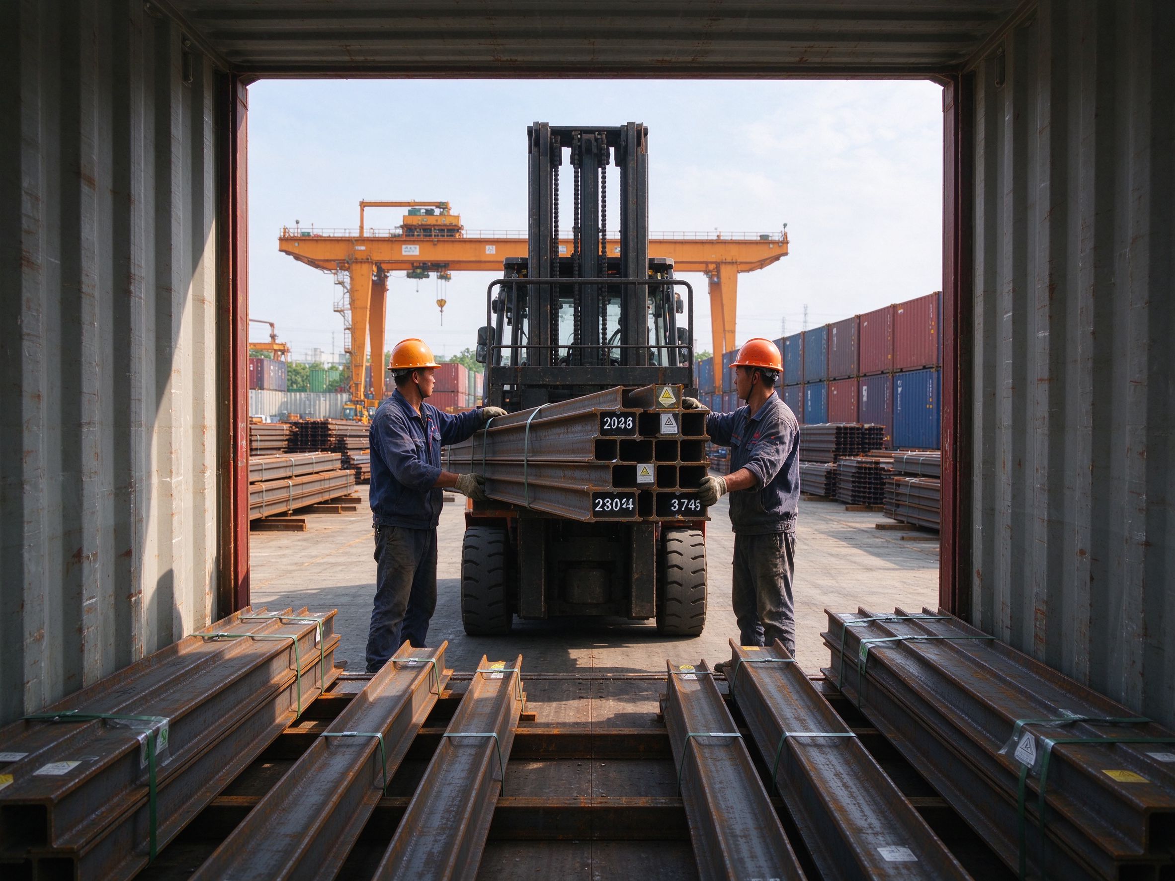 Workers loading marked steel beams into a container by packing group (illustrative concept image)