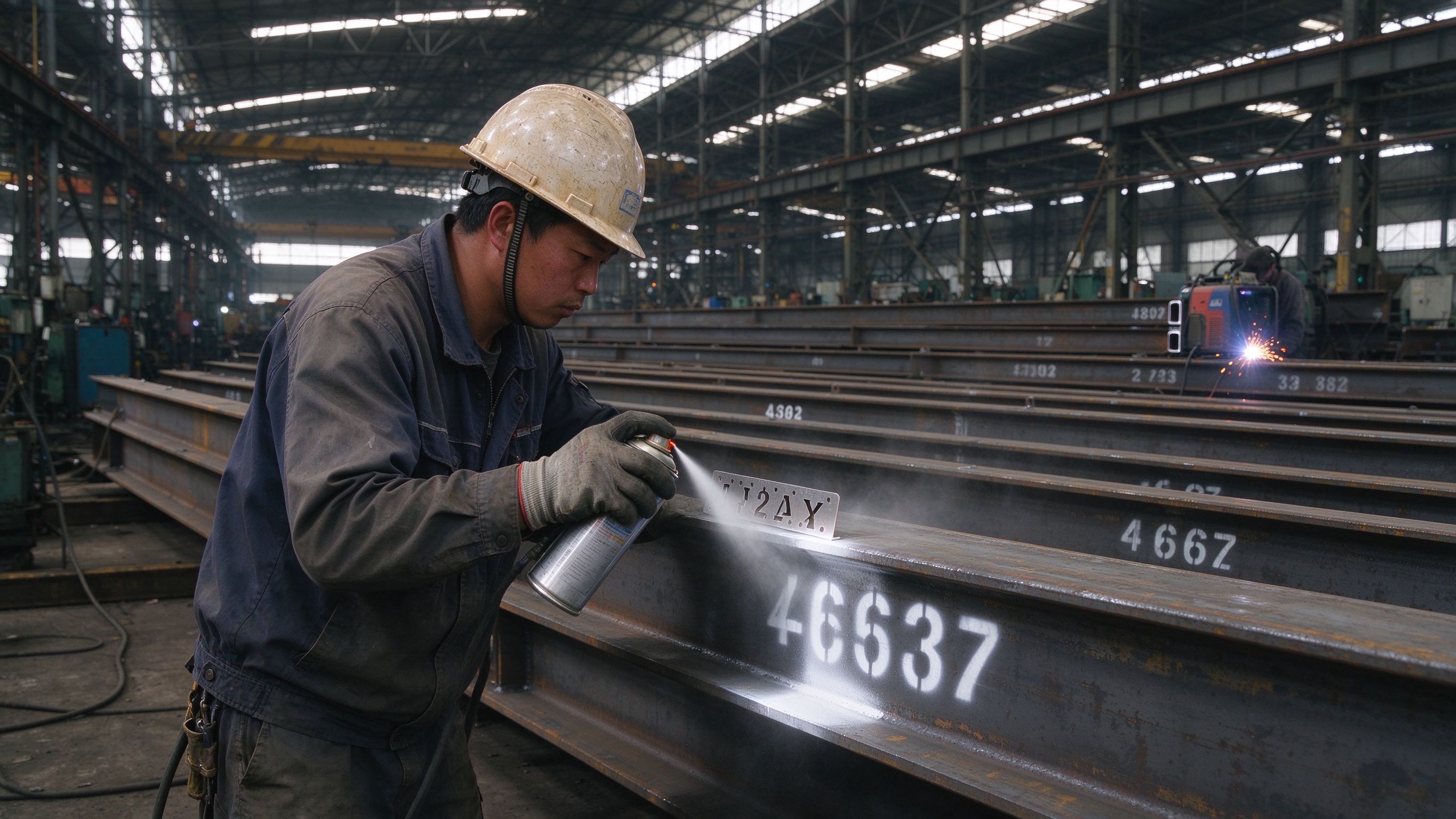 Worker marking a steel beam with a paint stencil in a fabrication shop (illustrative concept image)