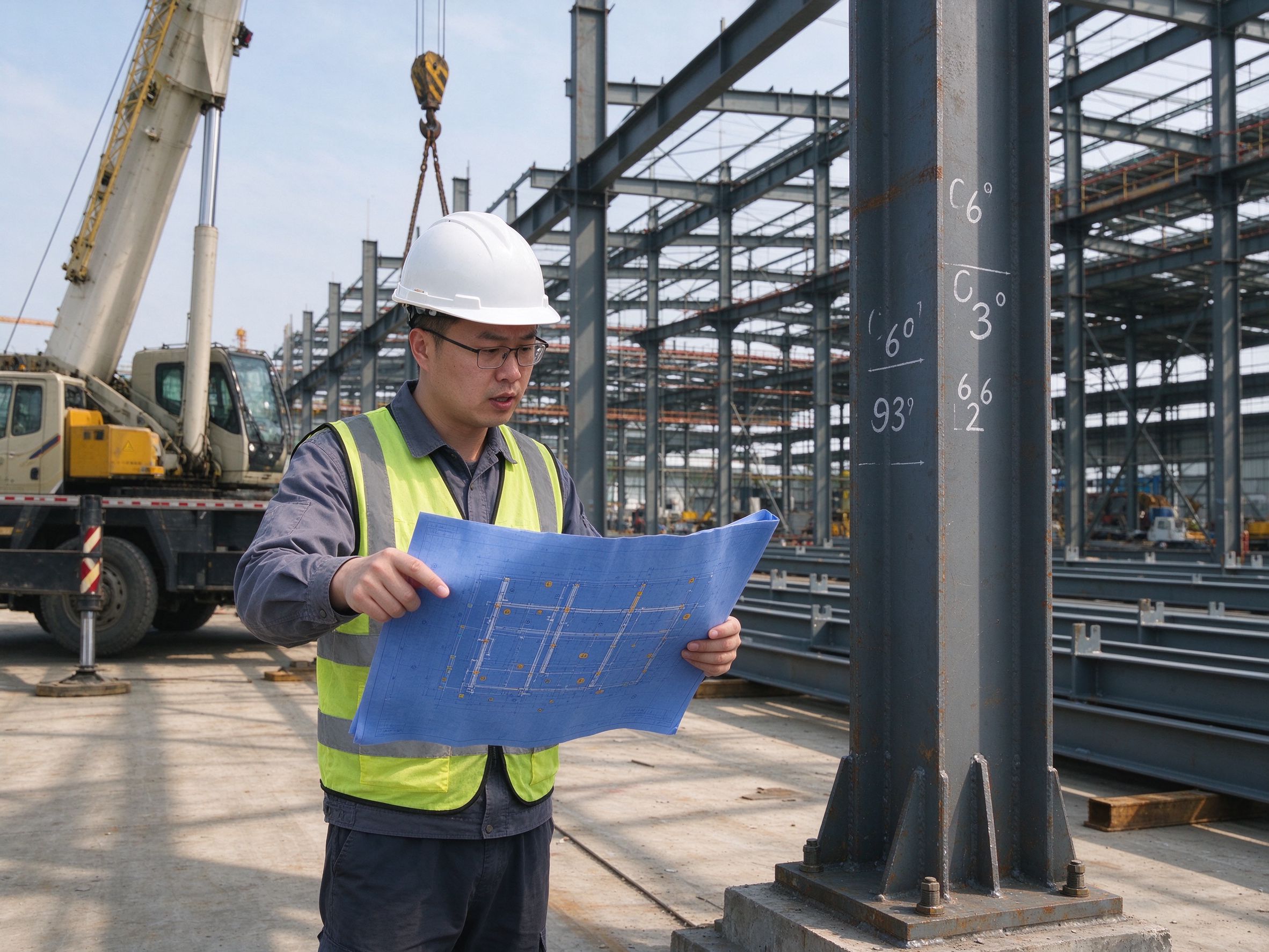 Site engineer checking member marks against erection drawings next to erected steel frame (illustrative concept image)