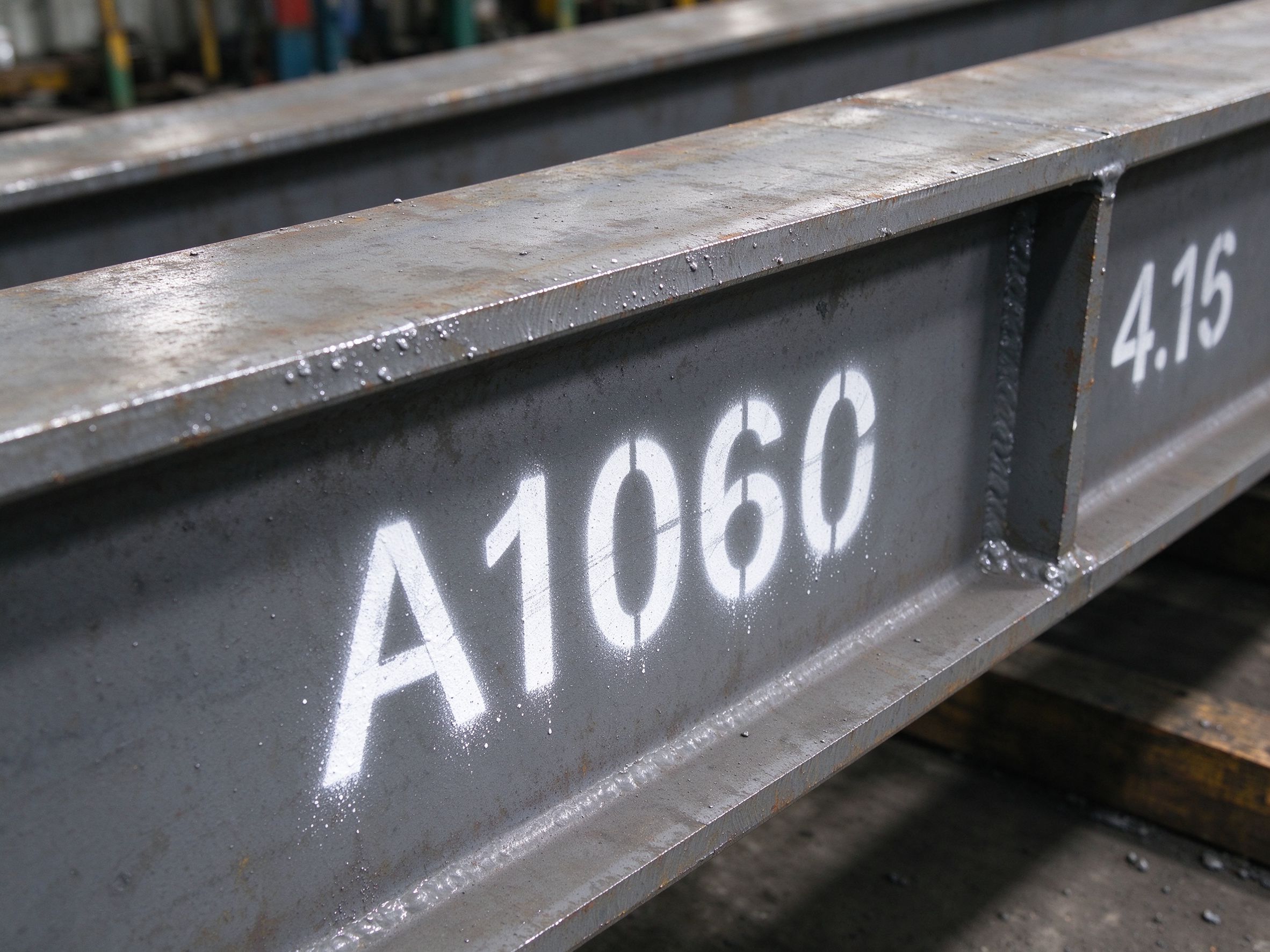 Close-up of painted member identification marks on steel beam webs (illustrative concept image)