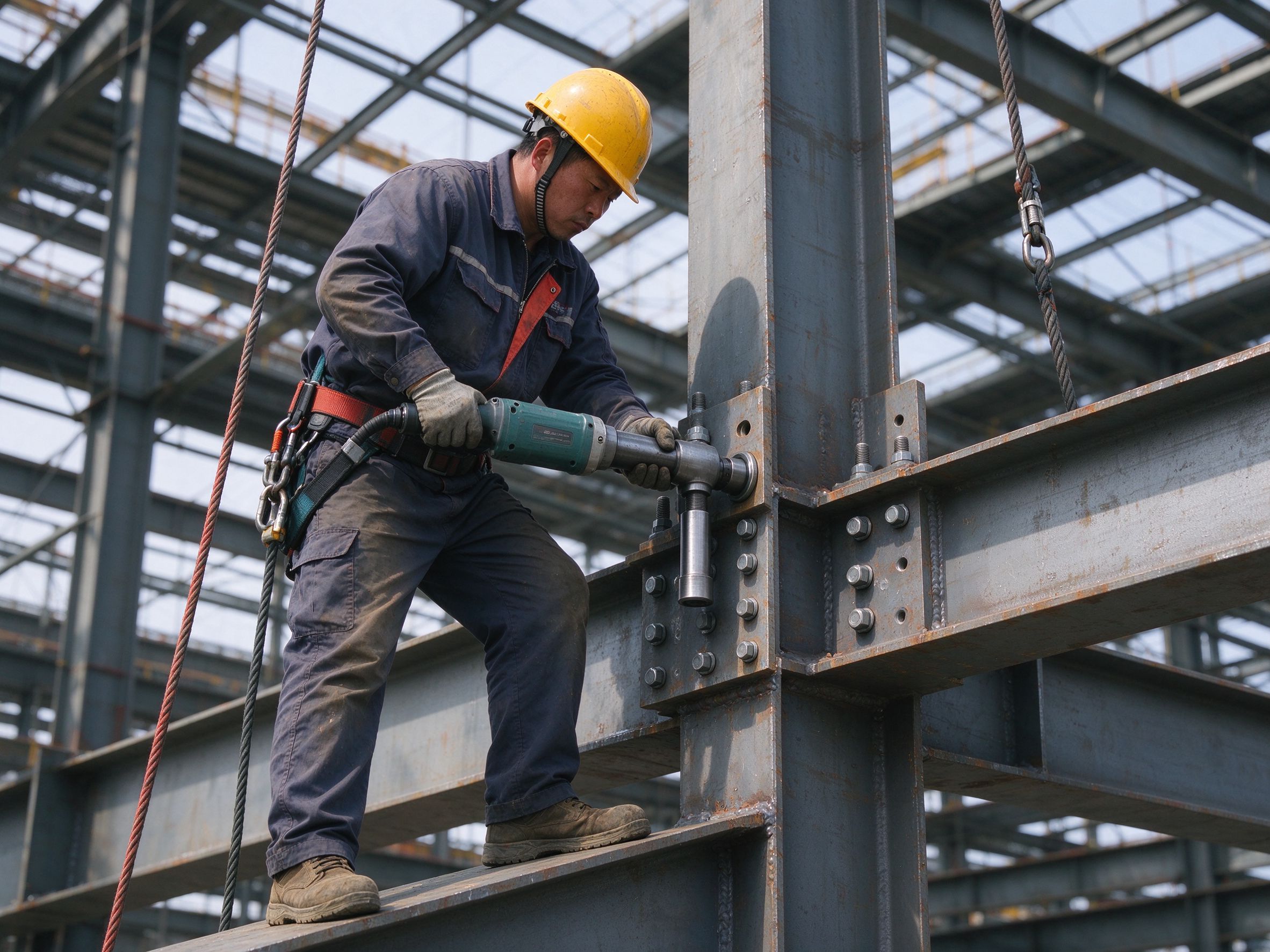 Worker tightening high-strength bolts with a torque wrench (illustrative concept image)