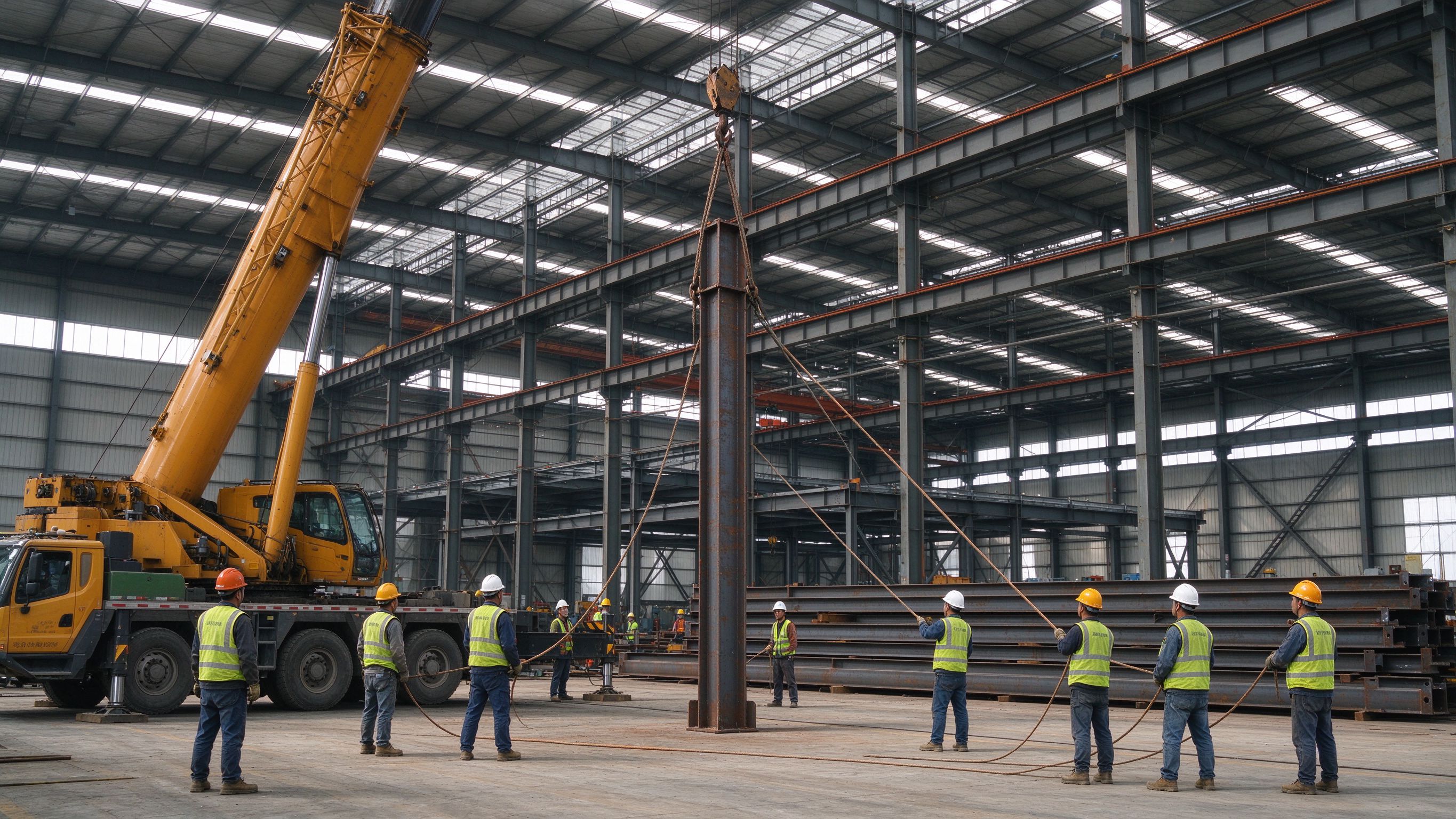 Steel structure erection site with crane and workers (illustrative concept image)