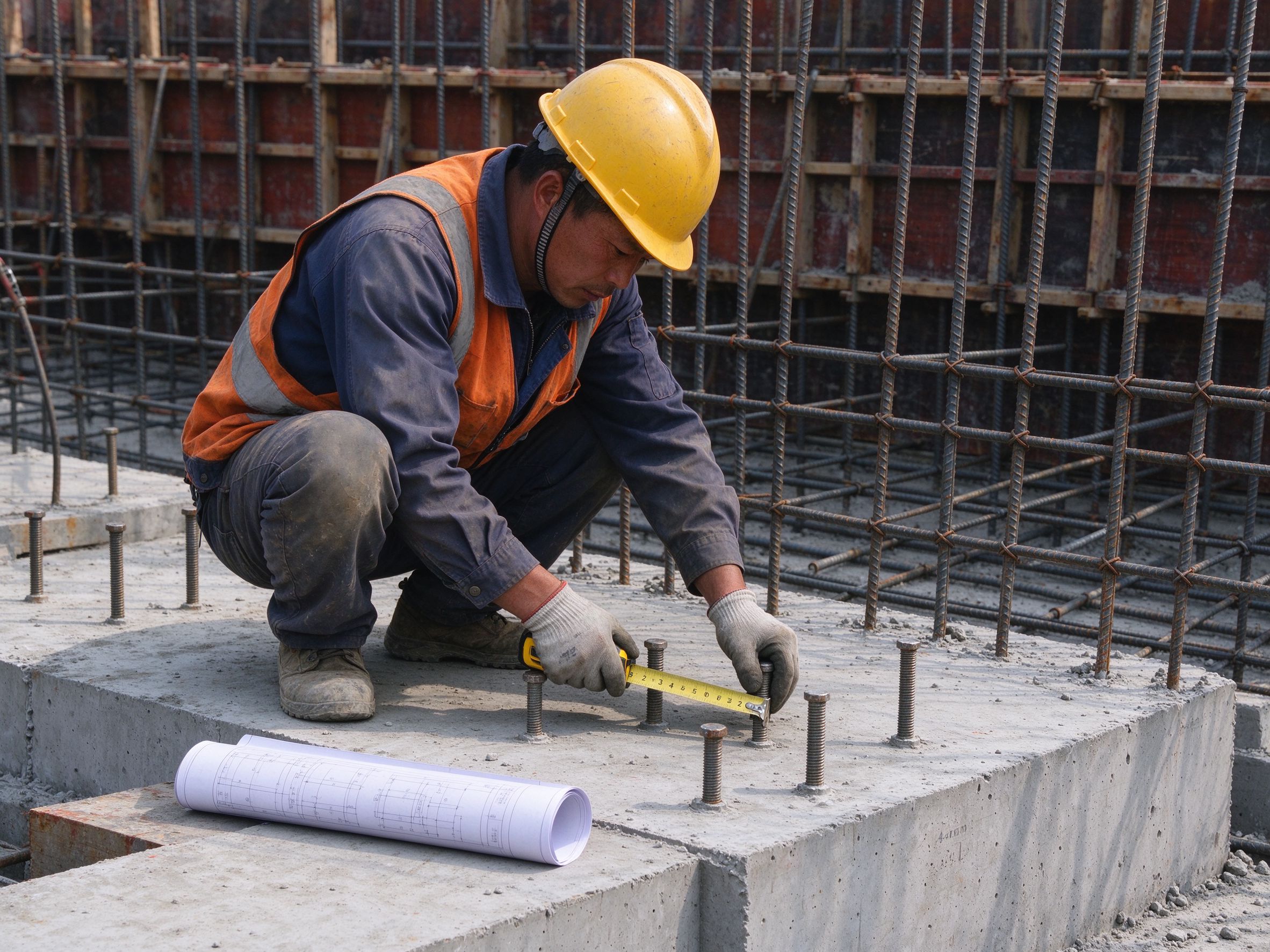 Worker checking anchor bolts on the foundation (illustrative concept image)