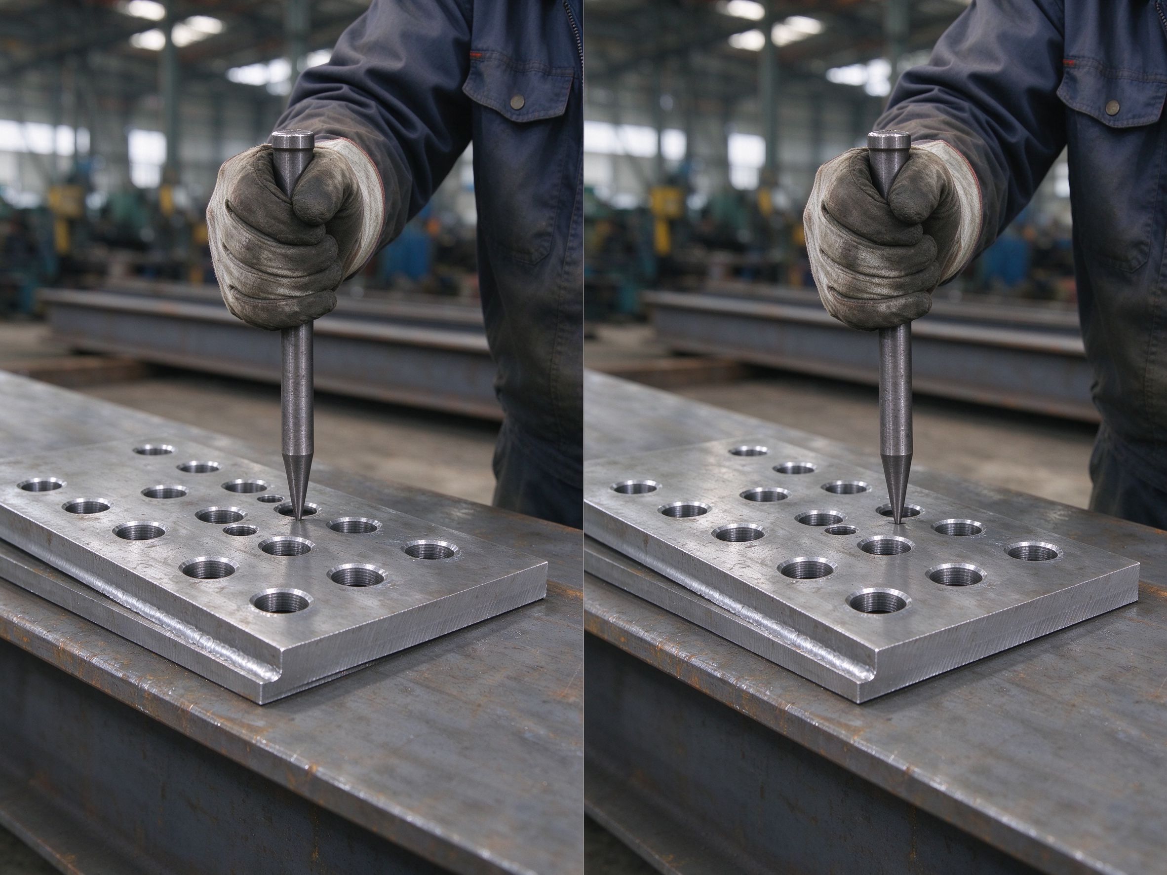 Worker checking alignment of bolt hole groups with a tapered drift pin (illustrative concept image)