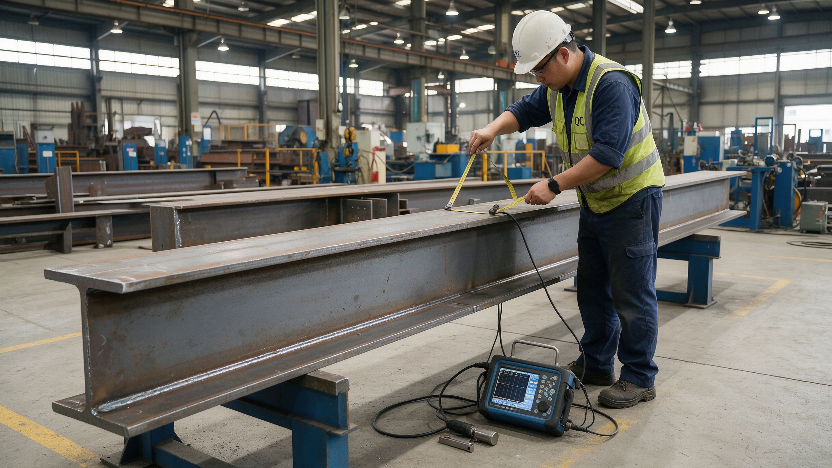 QC engineer inspecting a steel beam