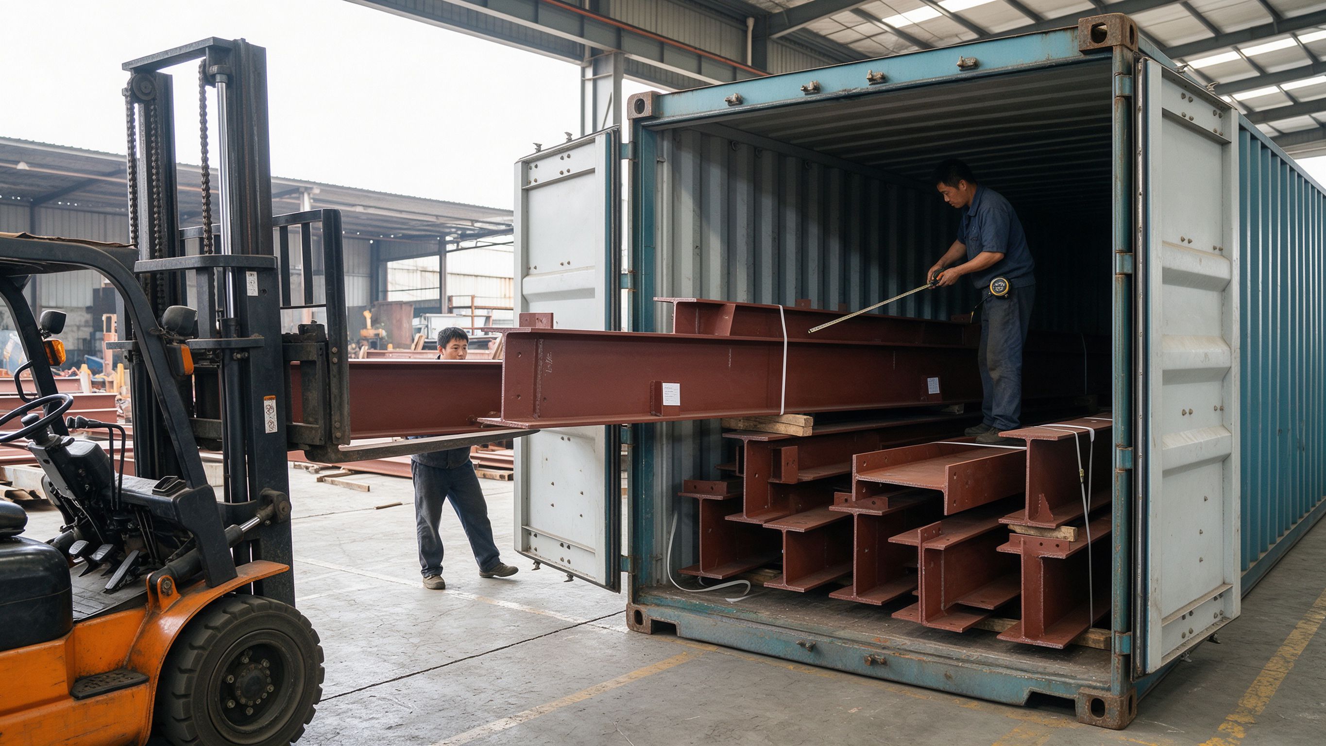 Steel members loaded into containers