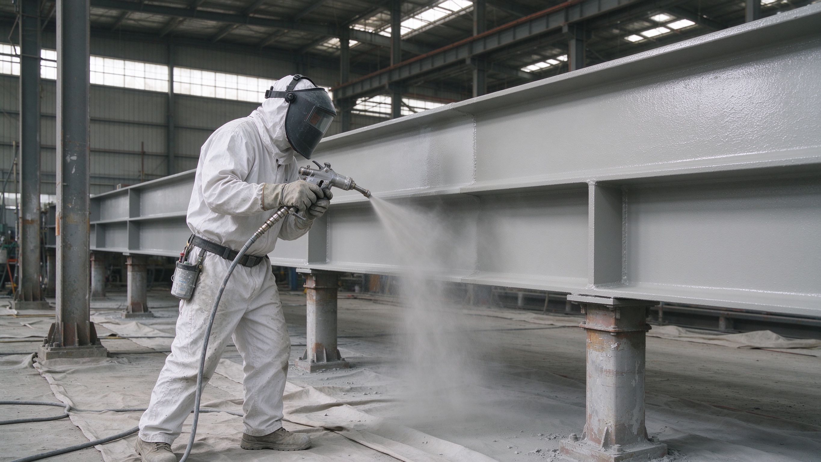 Worker in protective suit spray-applying intumescent fire protection coating on steel members (illustrative concept image)