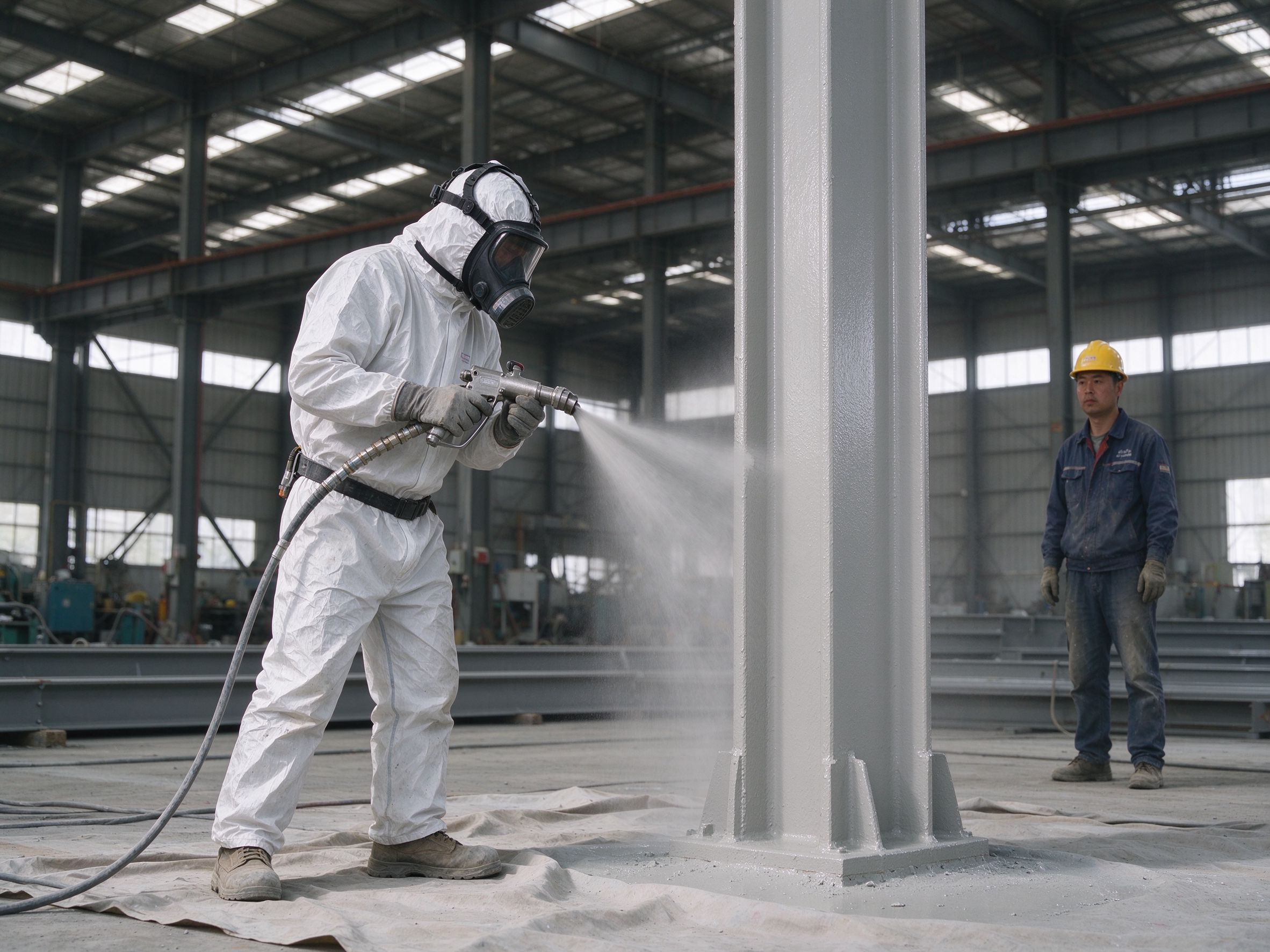 Spray application of intumescent fire protection coating in a steel fabrication hall (illustrative concept image)