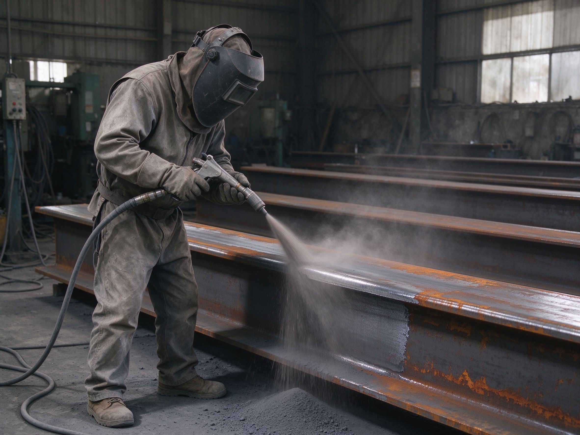 Abrasive blasting and priming before fire protection coating application (illustrative concept image)