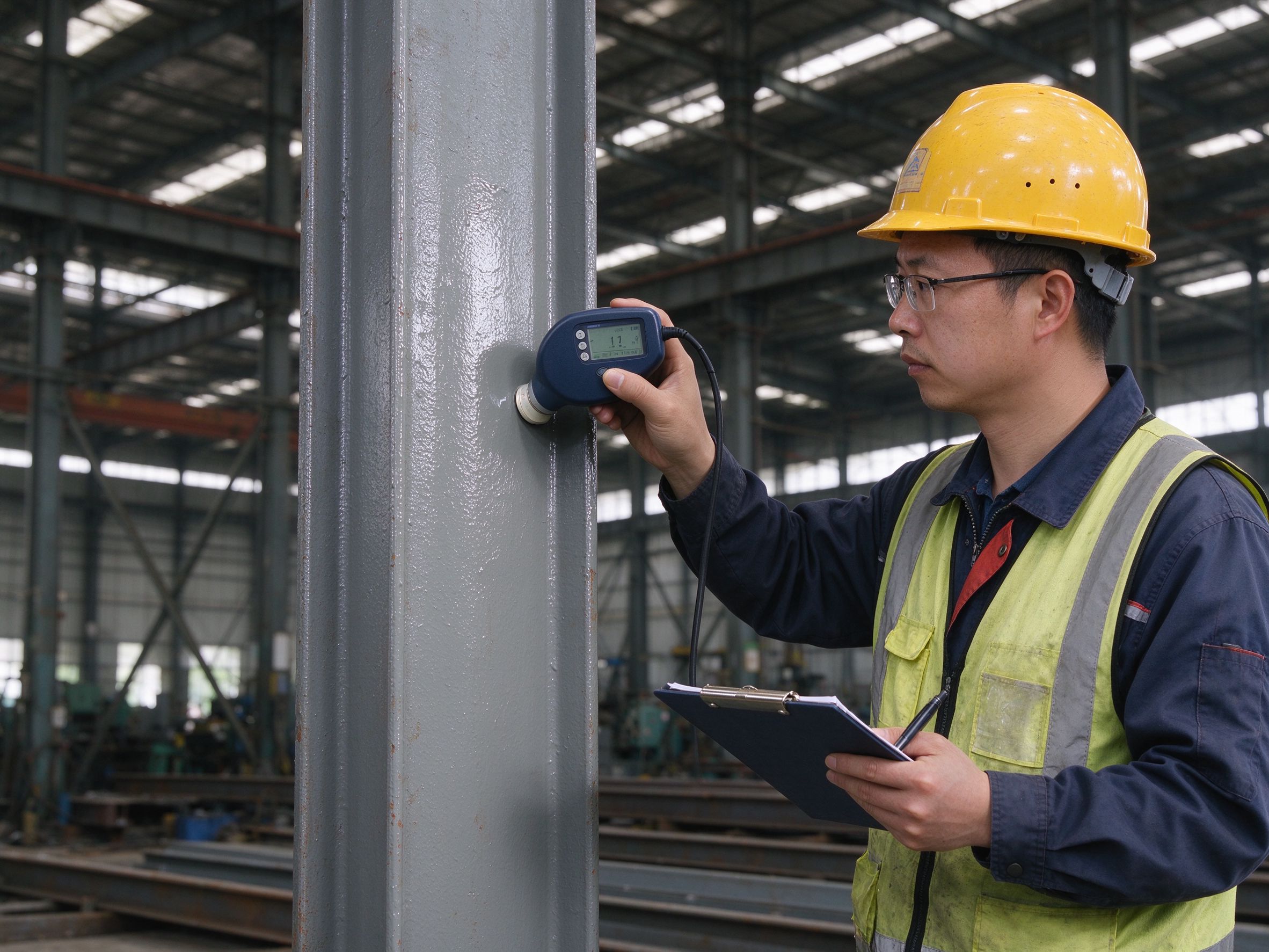 Coating thickness gauge measuring dry-film thickness on a steel column (illustrative concept image)