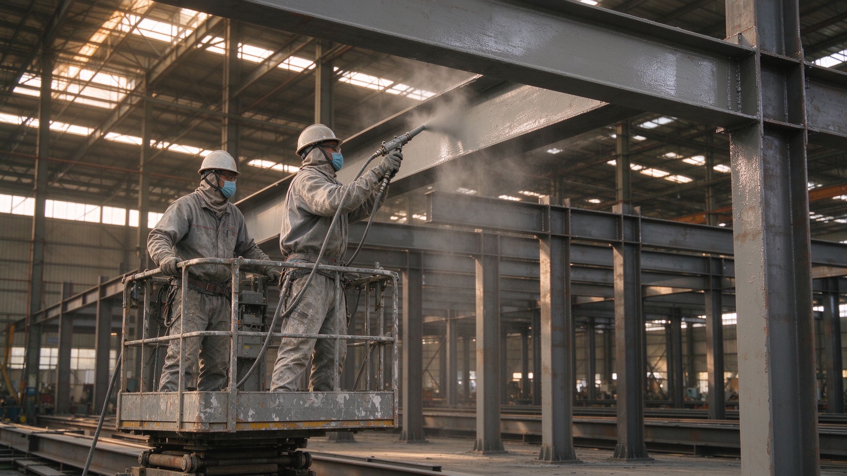 Workers applying intumescent fire-protection coating to steel beams in a steel building under construction (illustrative concept image)