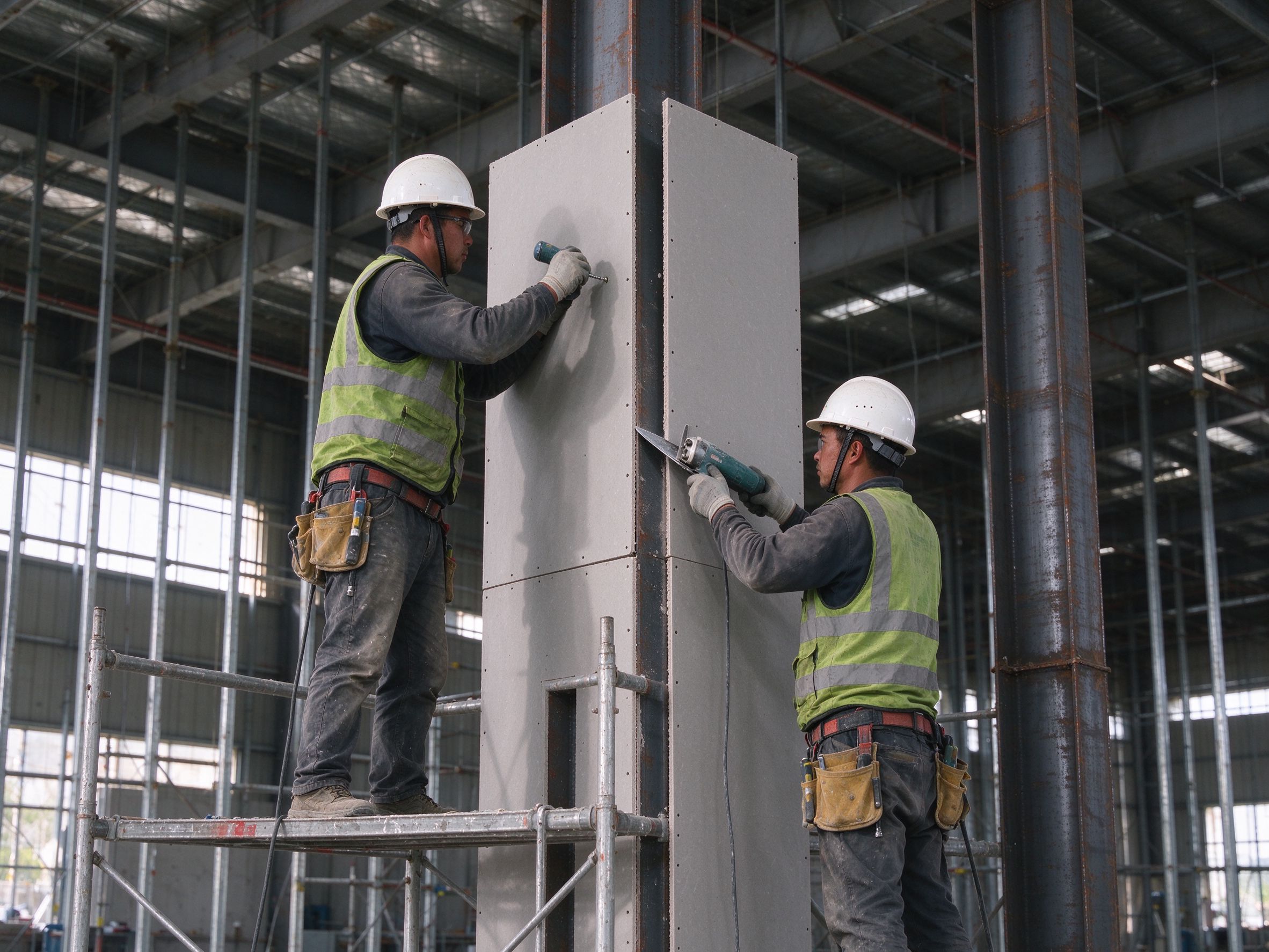 Workers fixing fire-resistance board around steel columns on site (illustrative concept image)