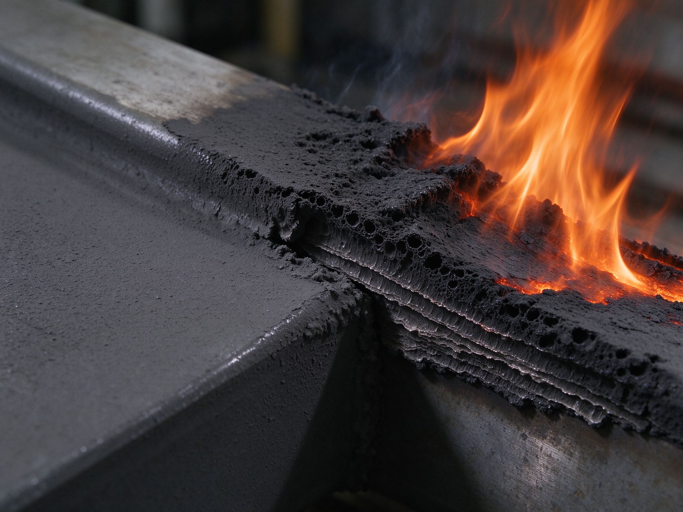 Close-up concept of intumescent fire-protection coating expanding under heat into an insulating char layer (illustrative concept image)