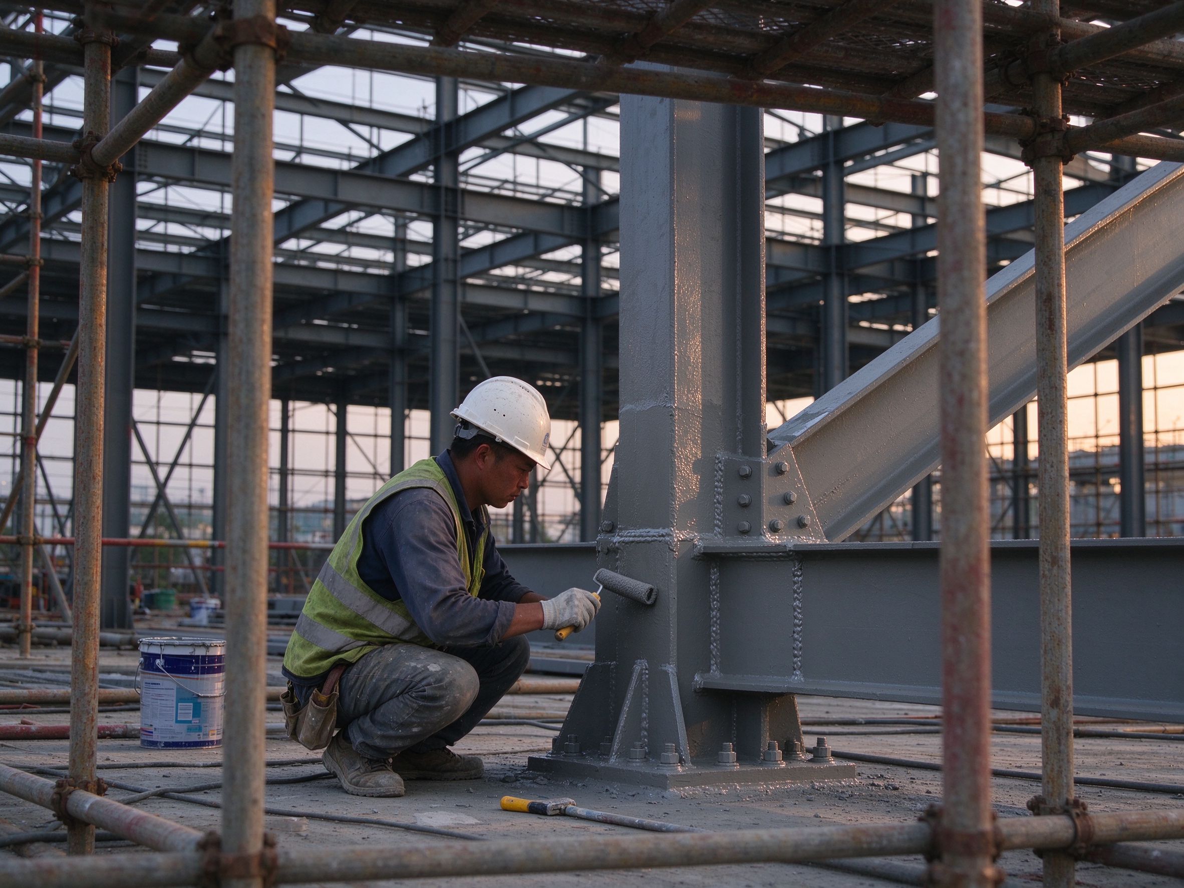Worker applying touch-up fire-protection coating to a steel beam connection on site (illustrative concept image)