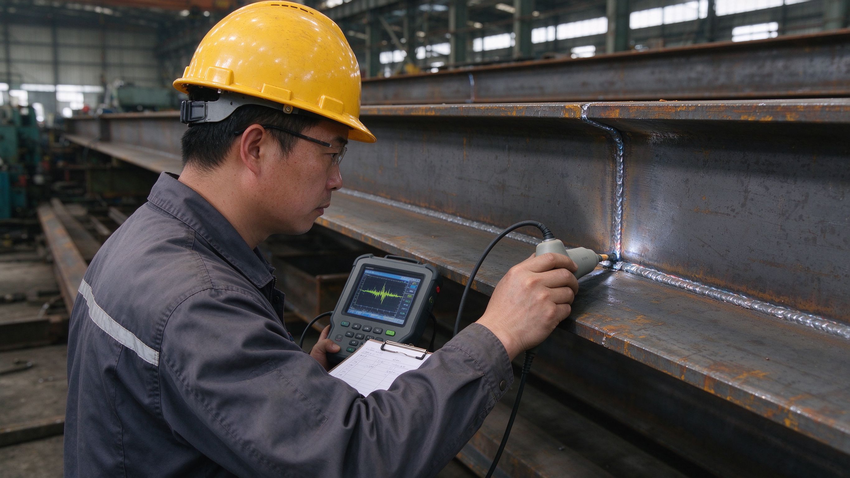 QC inspector performing ultrasonic testing on a steel weld (illustrative concept image)