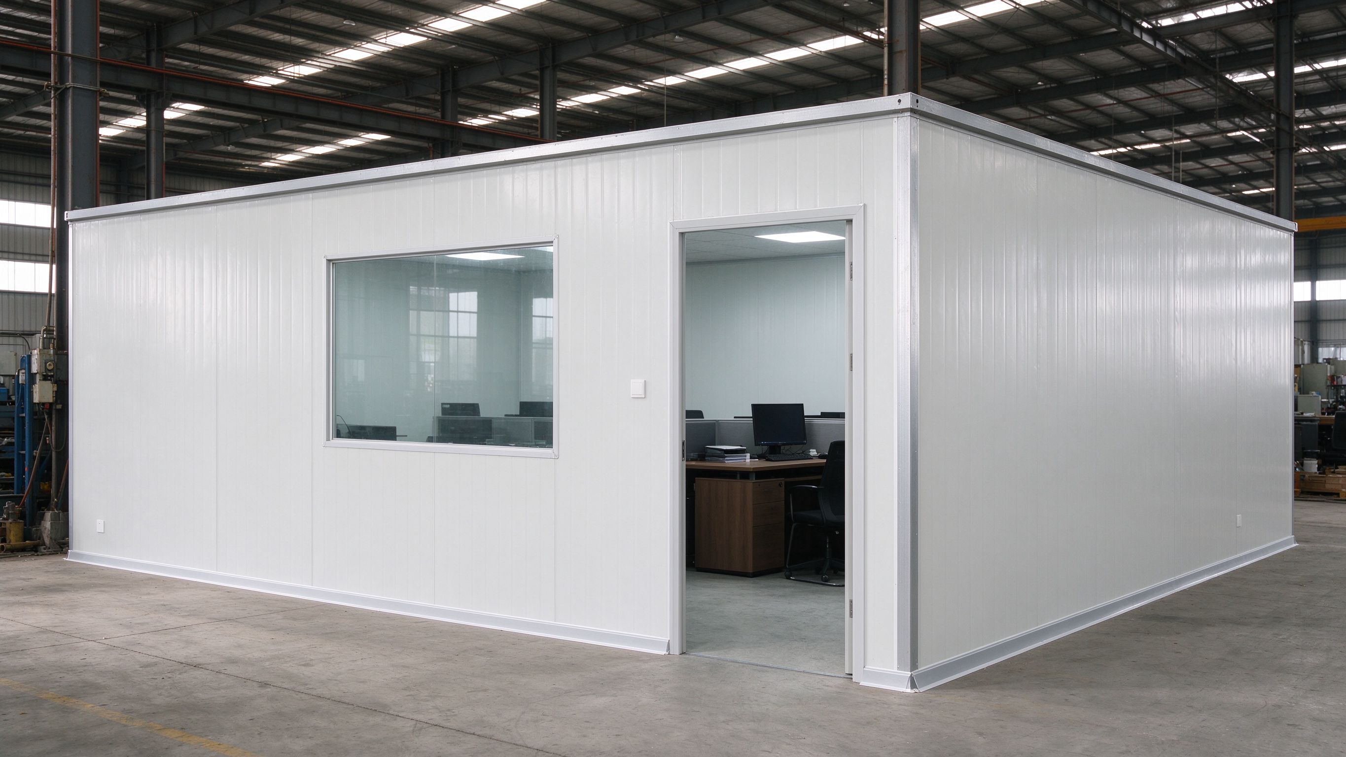 Office partition walls built with sandwich panels inside a steel building (illustrative concept image)