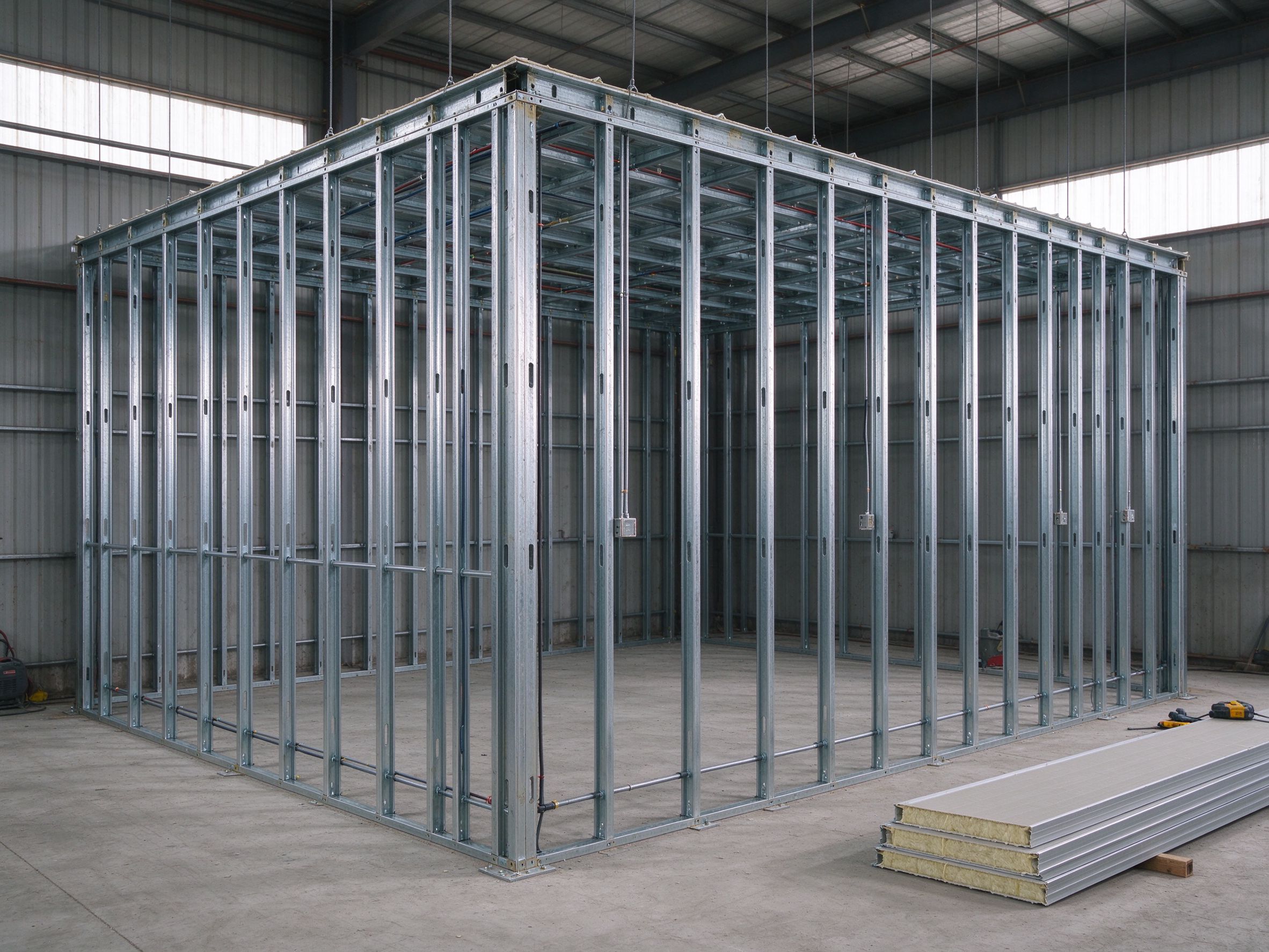 Light steel stud partition frame in a steel building (illustrative concept image)