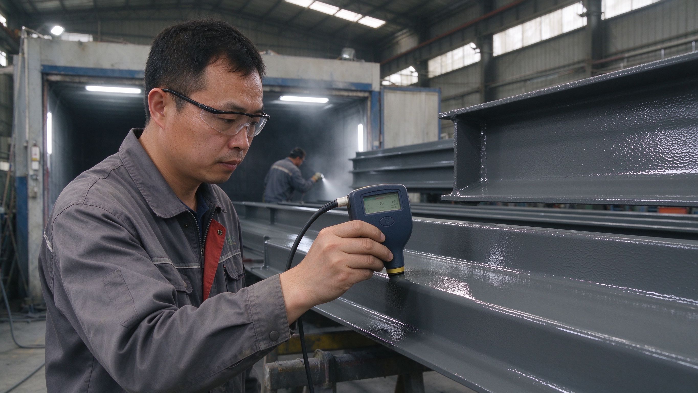 QC inspector measuring dry film thickness of a coating with a gauge (illustrative concept image)
