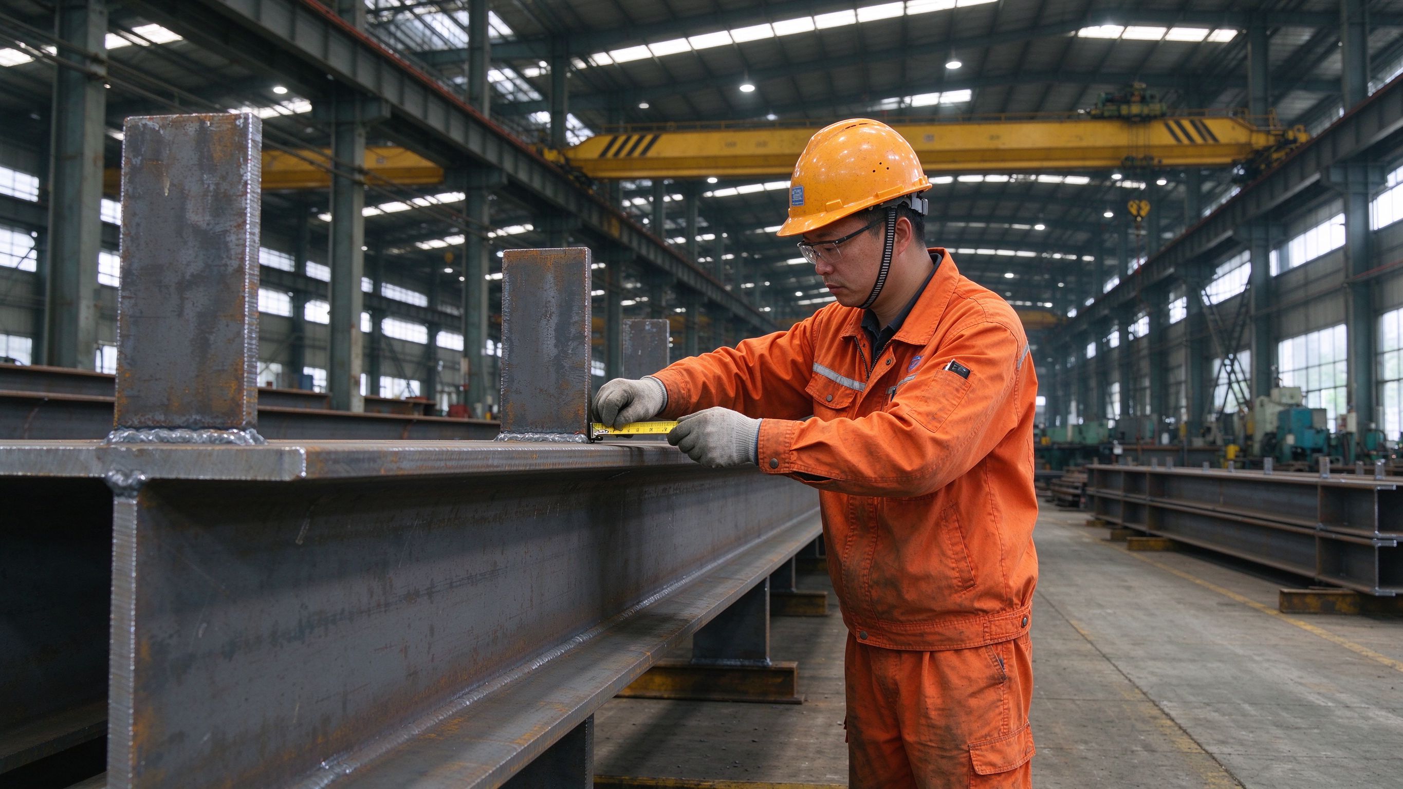 QC inspector measuring a steel member with a tape measure in a fabrication workshop (illustrative concept image)