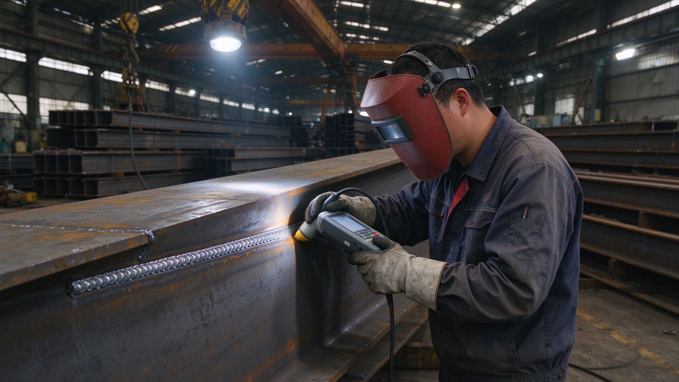 QC inspector using an ultrasonic gauge on a welded joint of a steel beam (illustrative concept image)