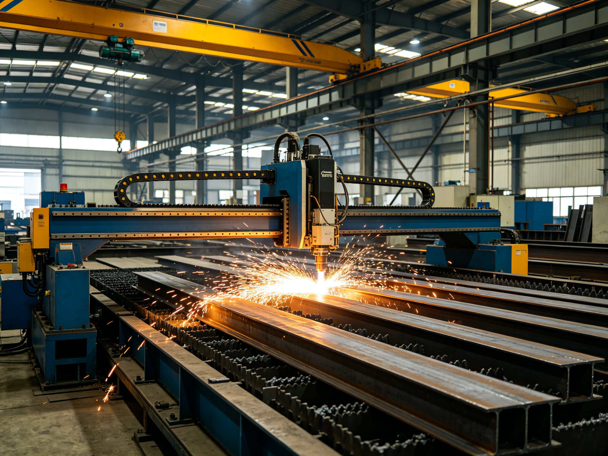 CNC plasma cutting steel H-beams in the fabrication workshop