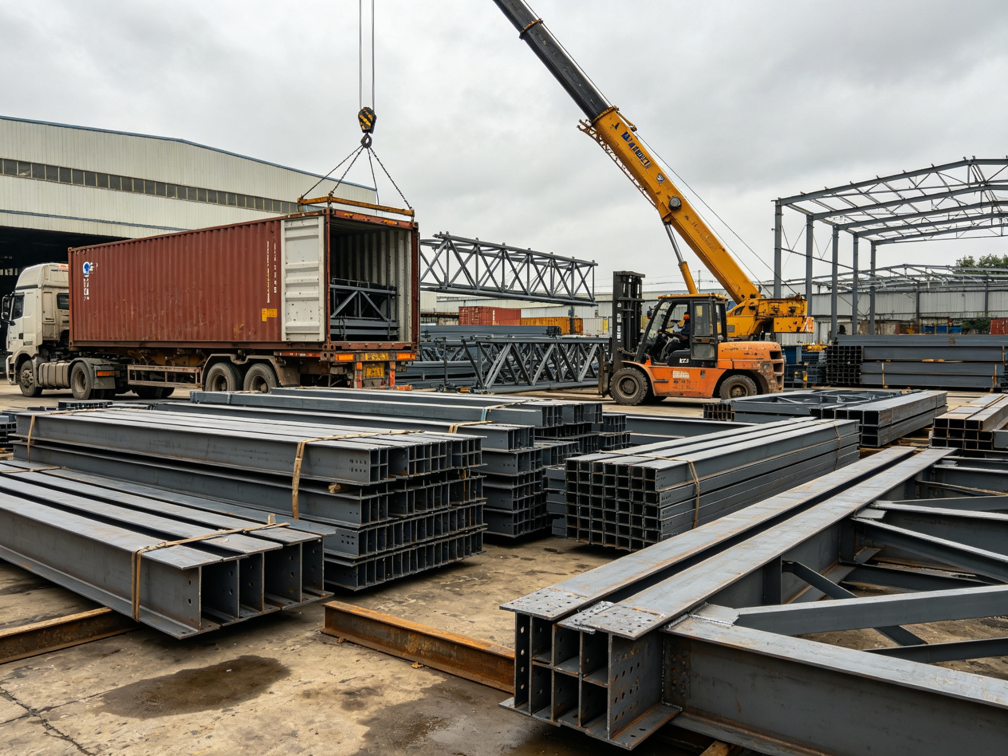 Steel structure components being loaded into shipping containers for export