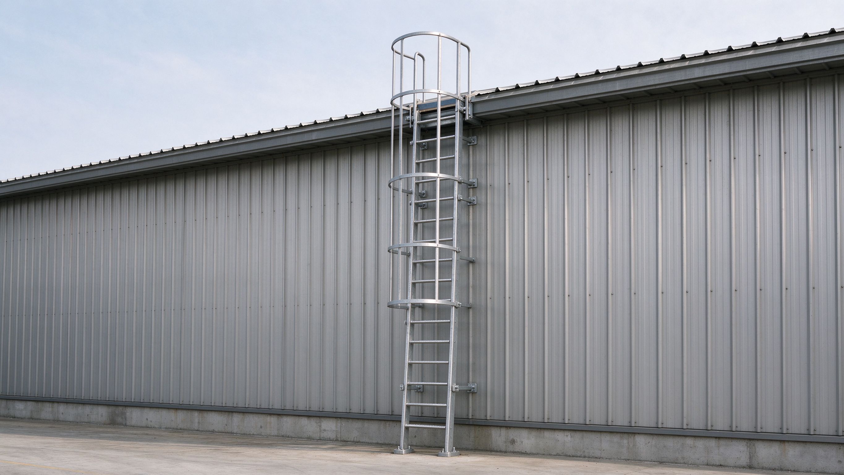 Roof access ladder with safety cage reaching a steel building roof (illustrative concept image)