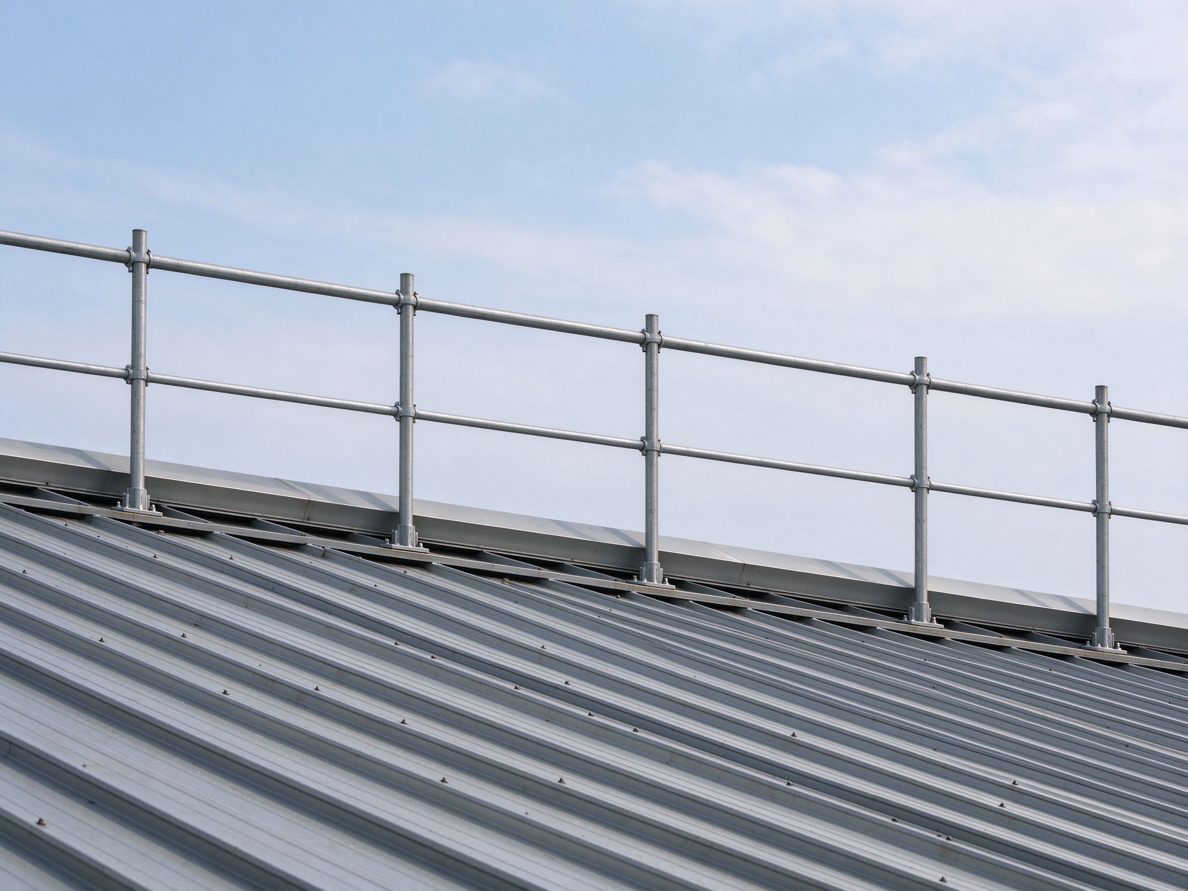 Guardrail installed along a steel roof edge (illustrative concept image)