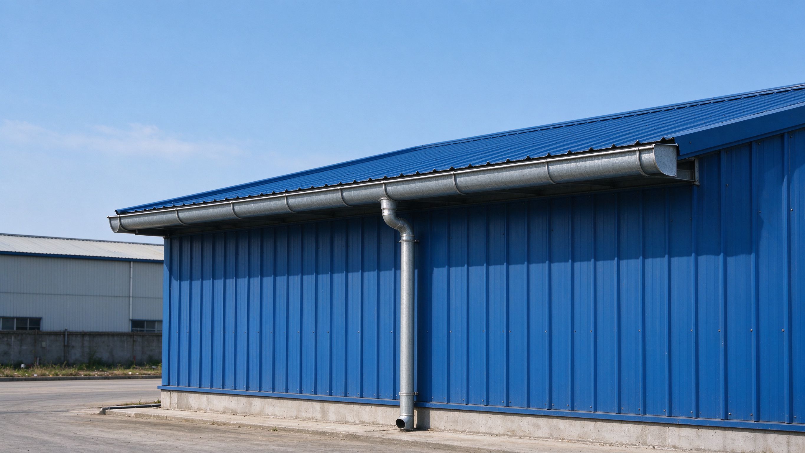 Steel building roof with eaves gutter and downpipe draining rainwater (illustrative concept image)