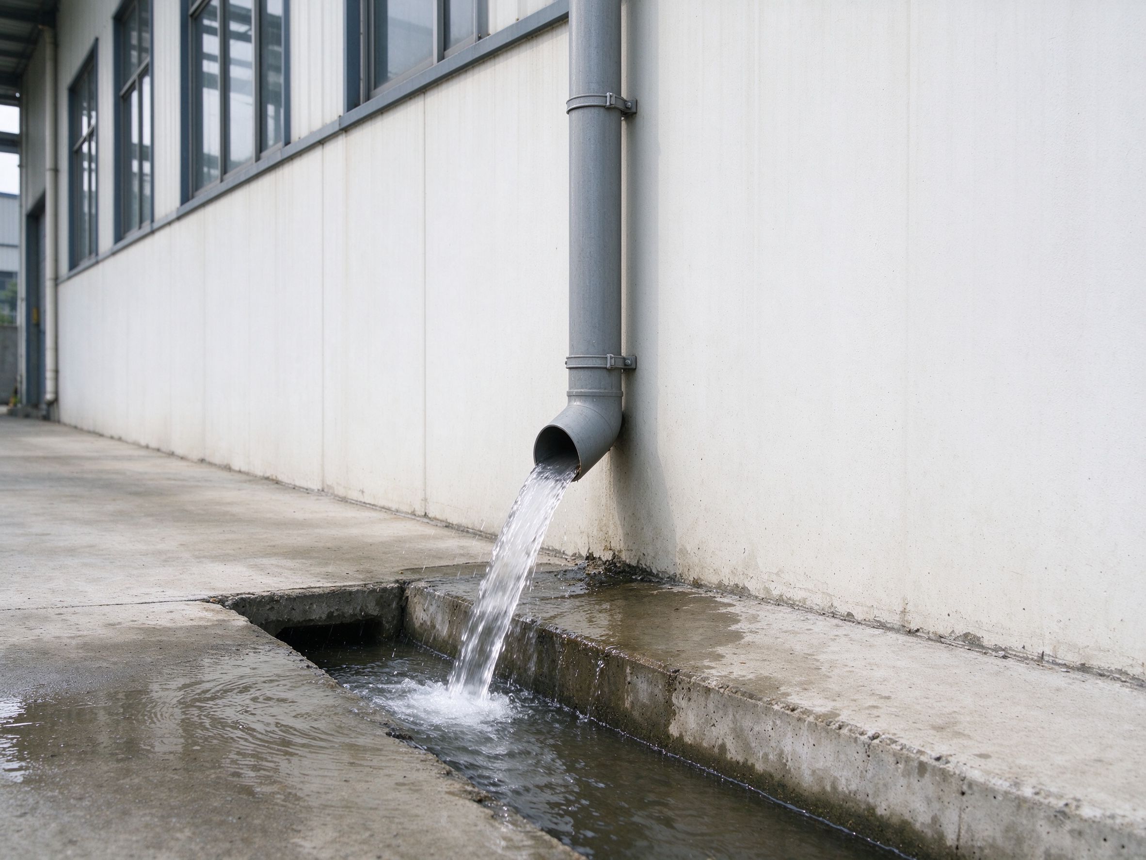 Downpipe discharging rainwater into a ground drain channel (illustrative concept image)