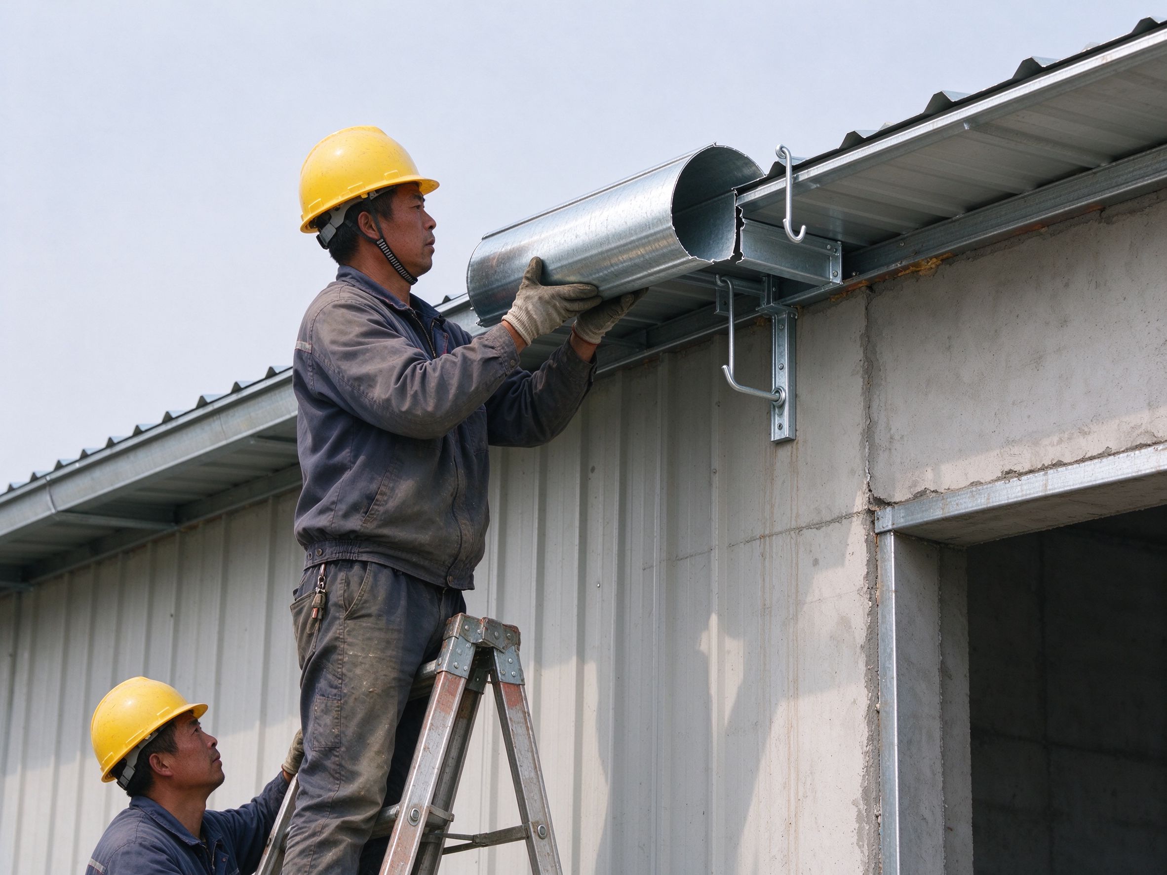 Worker installing an eaves gutter onto wall brackets (illustrative concept image)