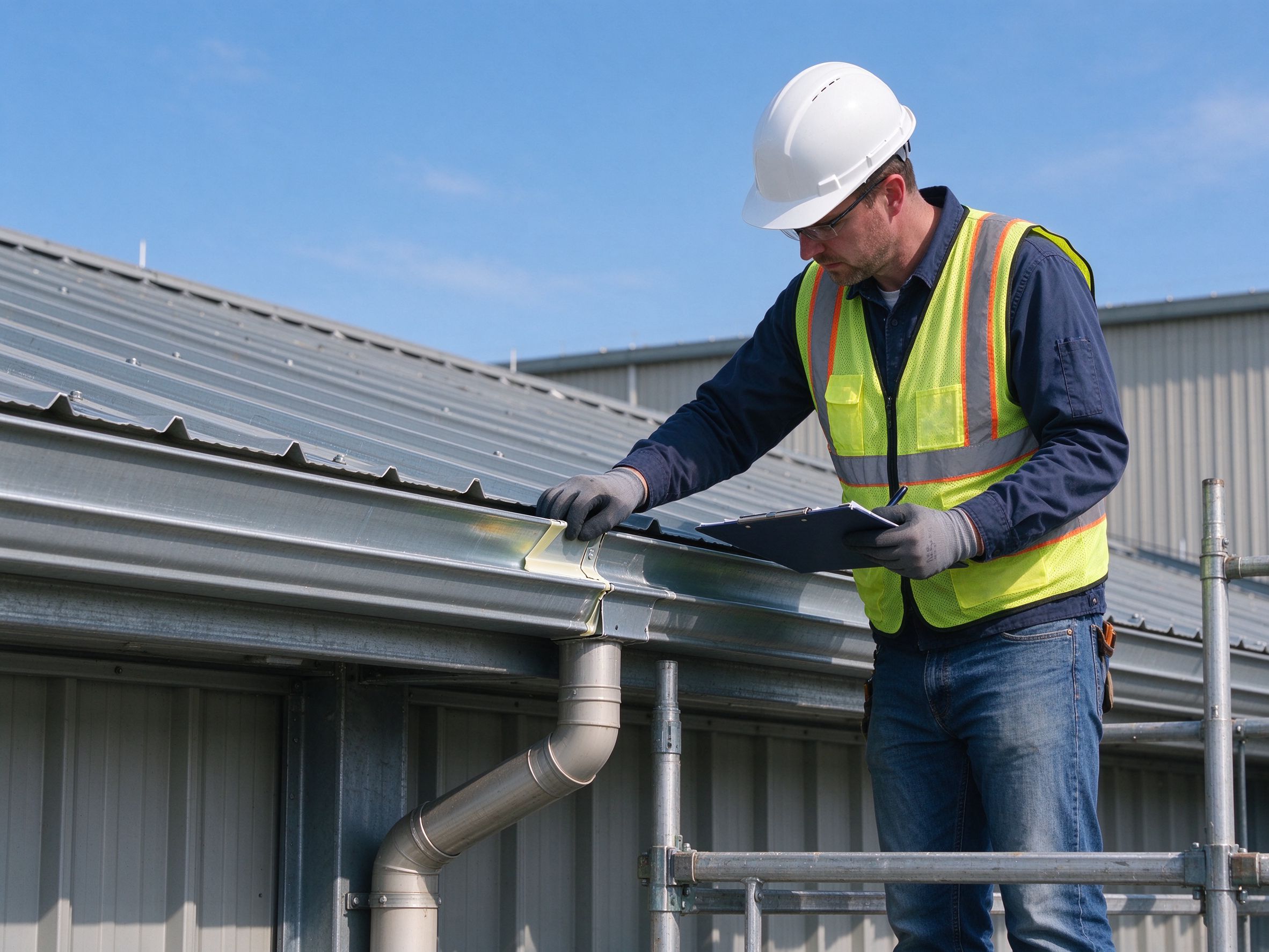Engineer inspecting gutter laps and seals on the roof edge (illustrative concept image)