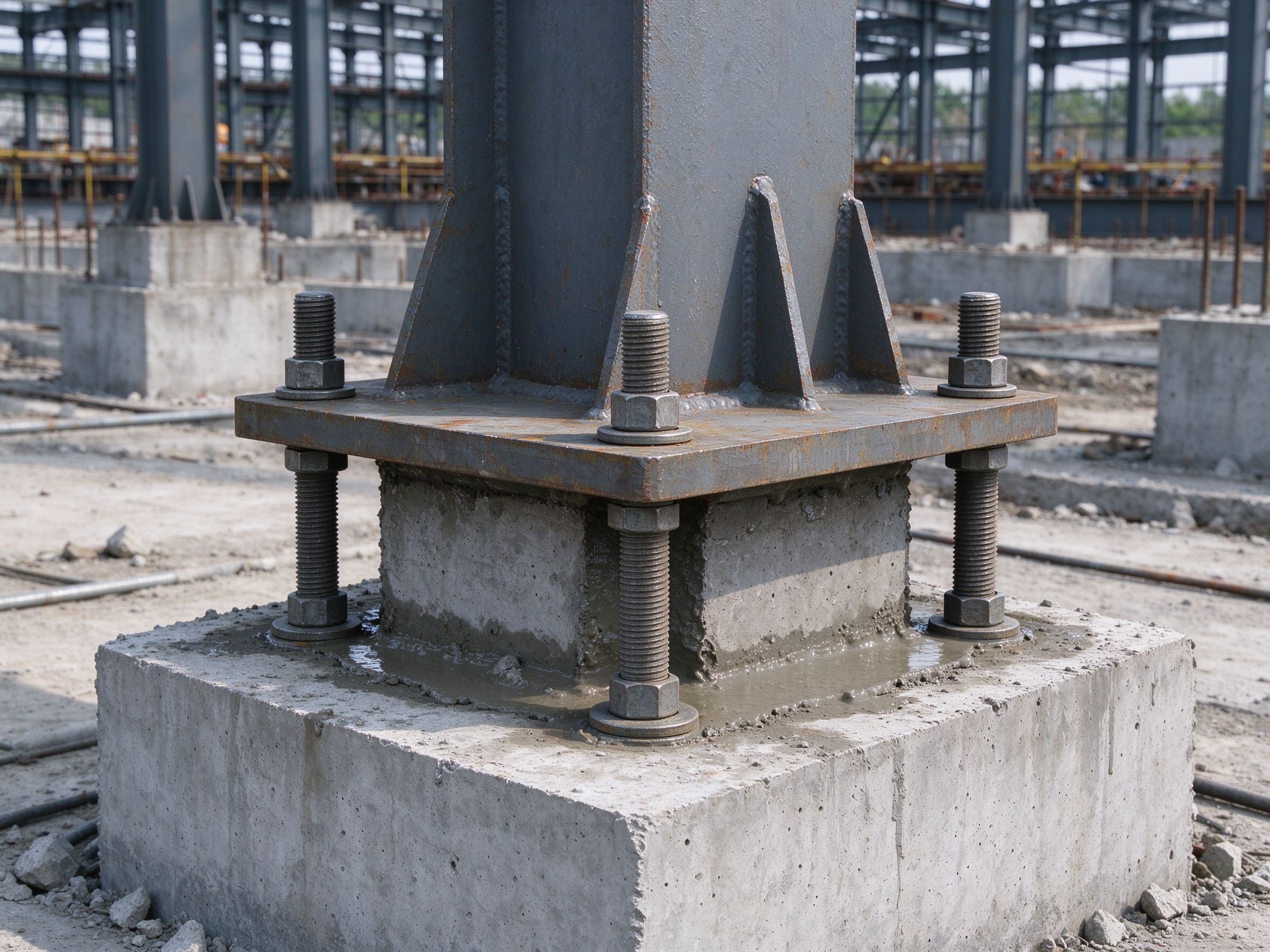 Steel column base plate fixed with anchor bolts on a concrete foundation (illustrative concept image)