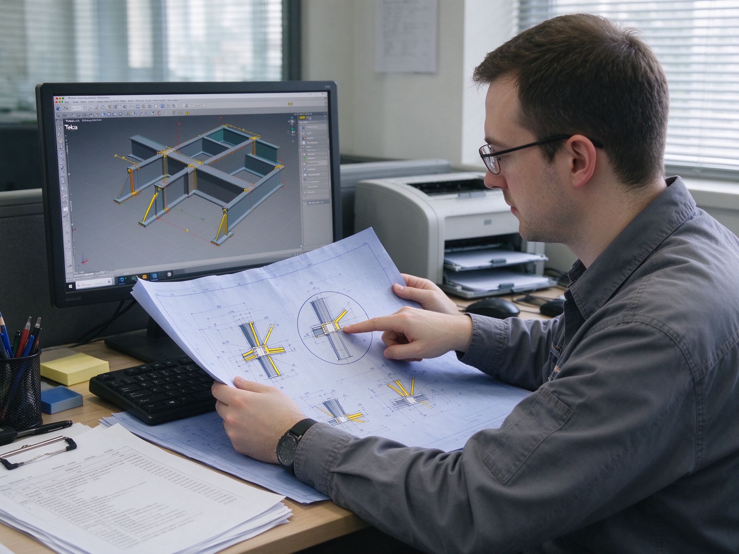 Engineer reviewing seismic connection details on drawings next to a Tekla model (illustrative concept image)