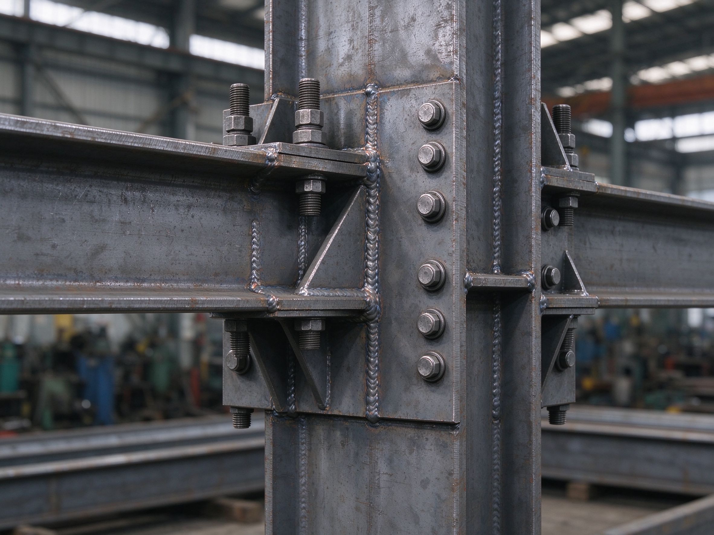 Rigid beam-column moment connection with stiffeners and high-strength bolts (illustrative concept image)