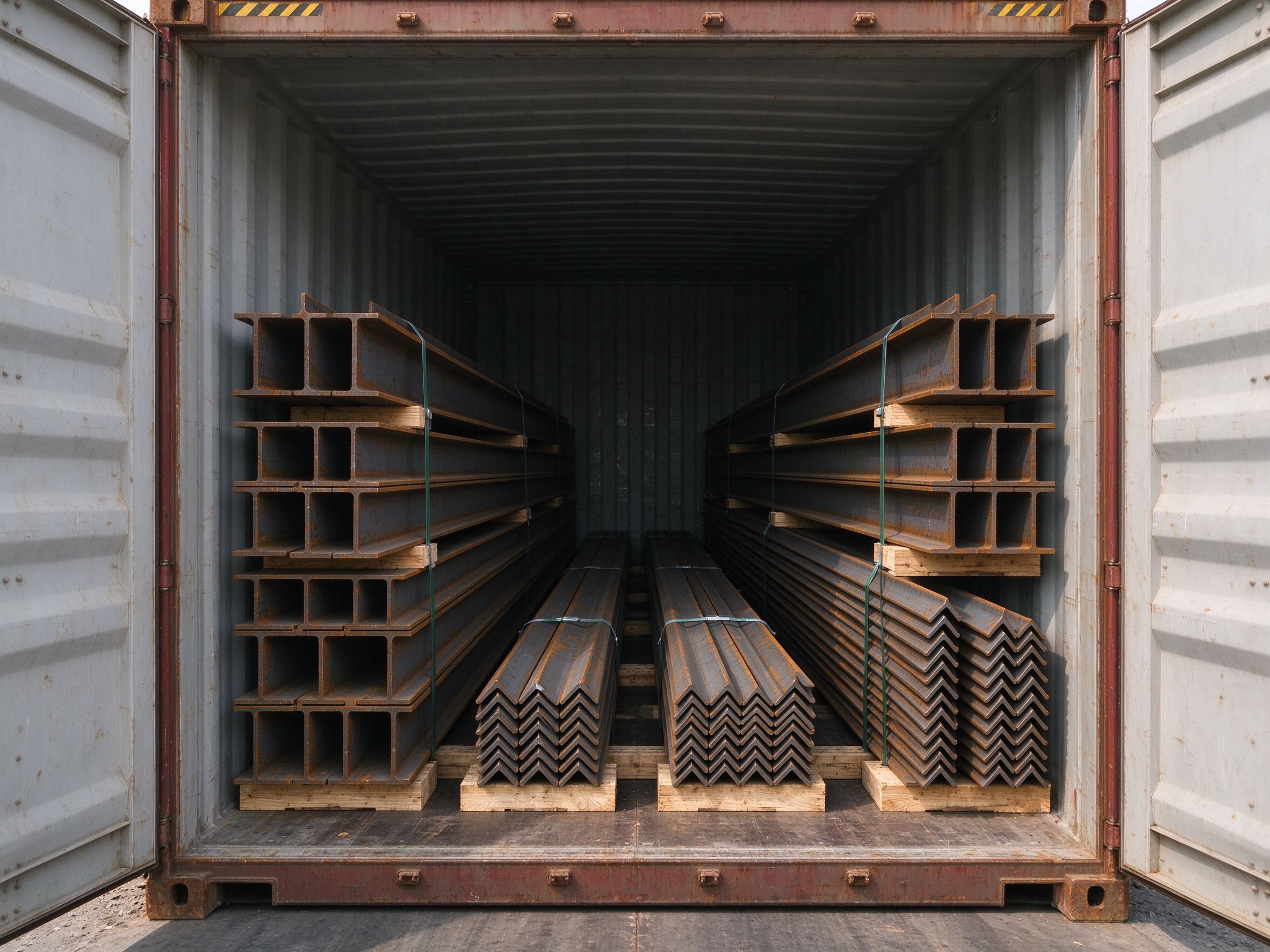 Steel members braced and packed inside a container (illustrative concept image)