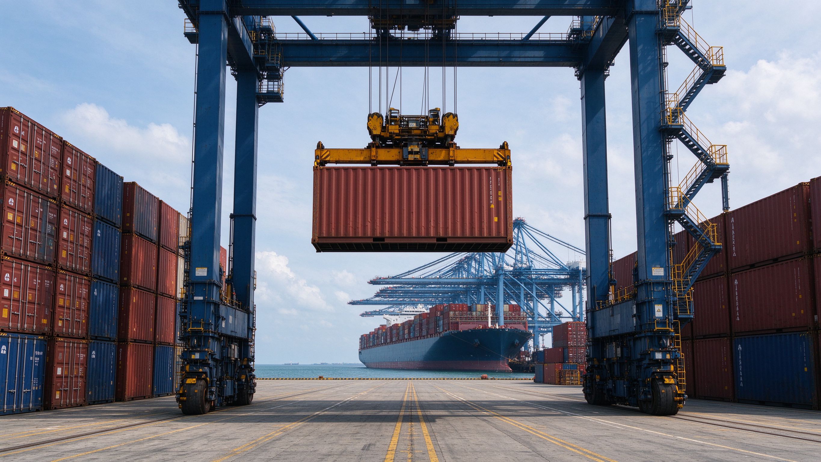 Container terminal with gantry cranes handling steel cargo (illustrative concept image)