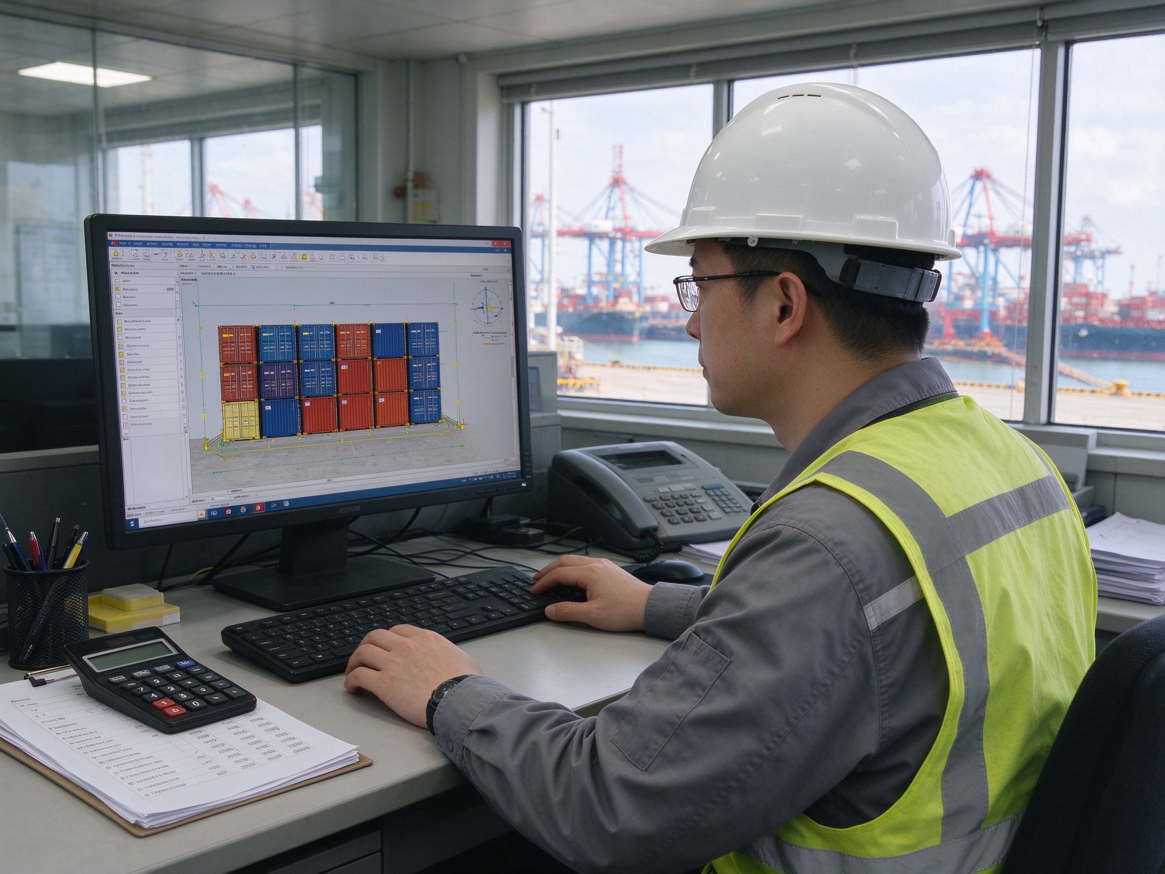 Shipping planner reviewing container stowage and loading plan (illustrative concept image)