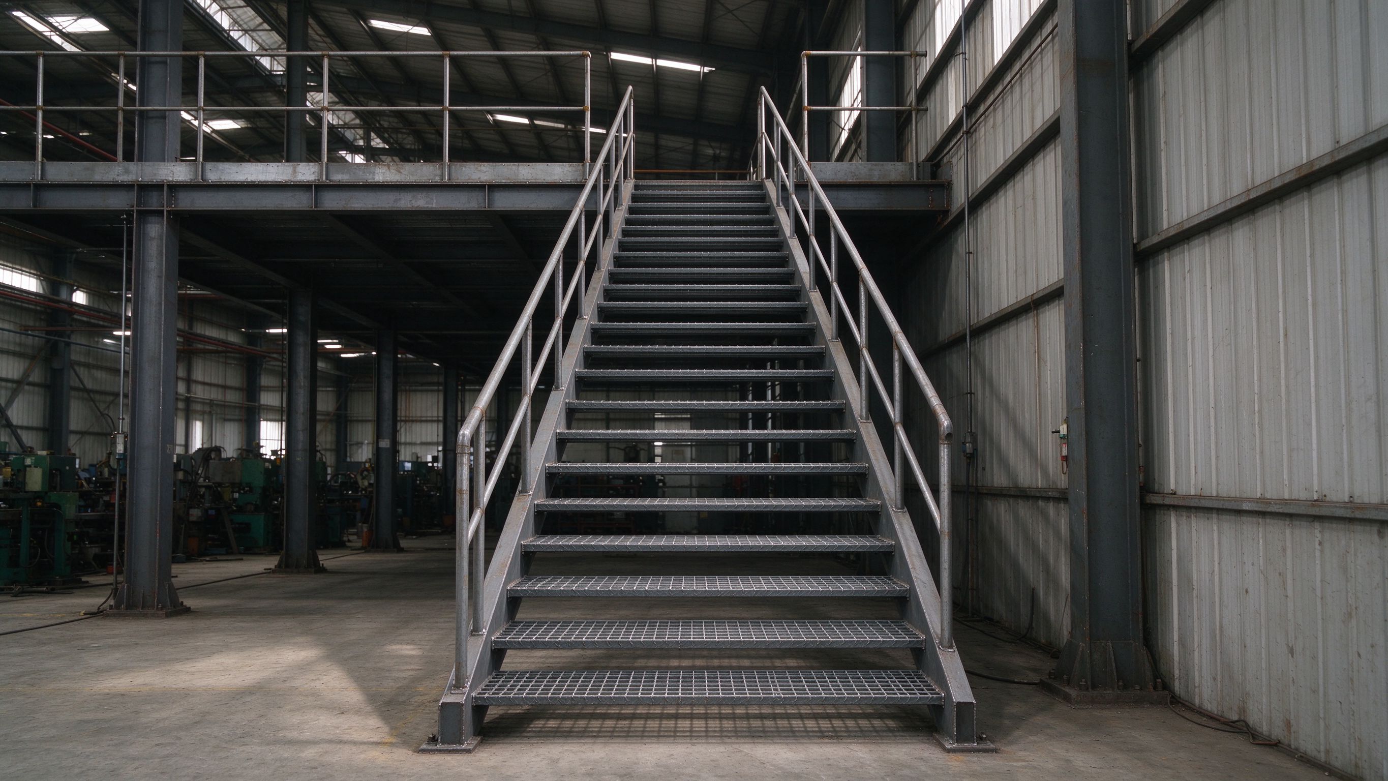 Steel staircase with grating treads and handrails connecting mezzanine levels (illustrative concept image)