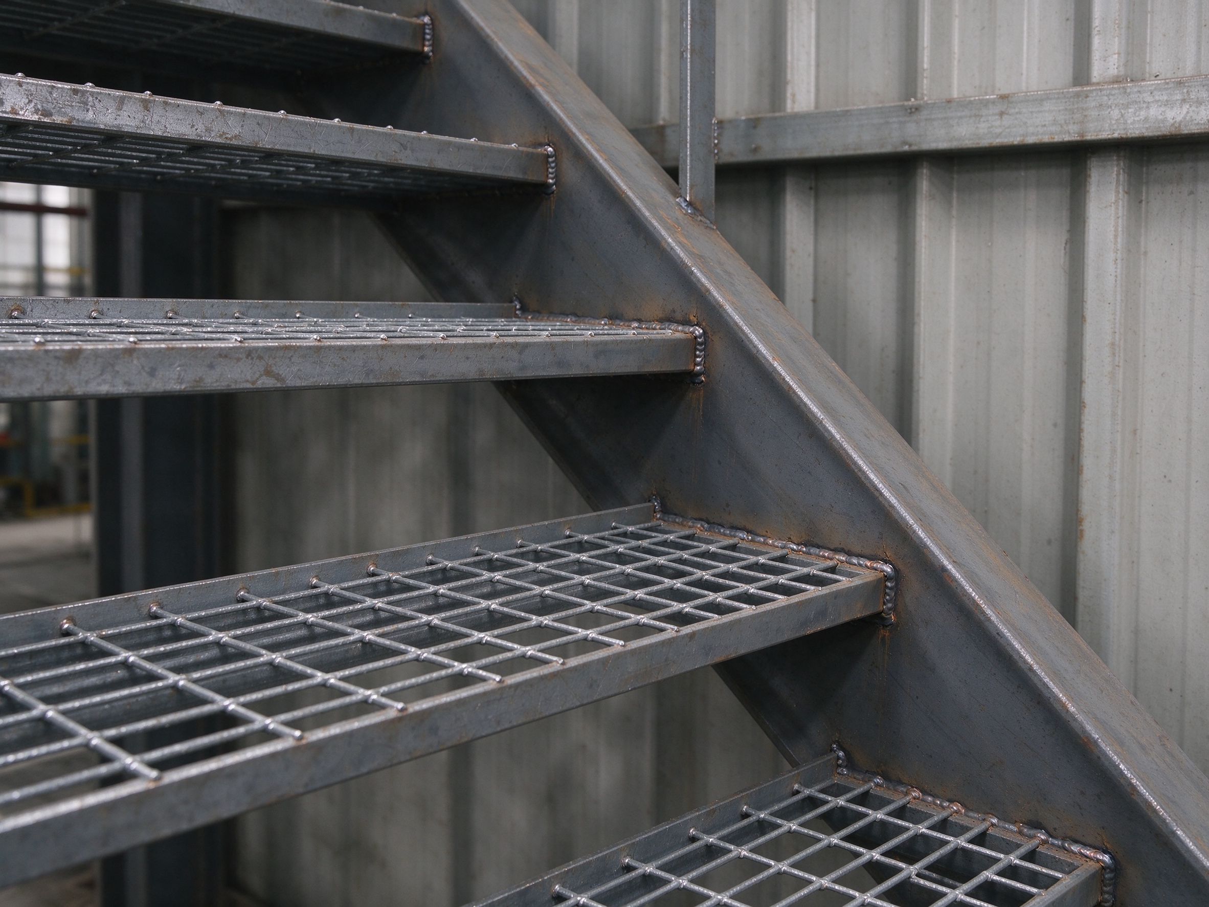 Close-up of grating treads welded to a steel stair stringer (illustrative concept image)