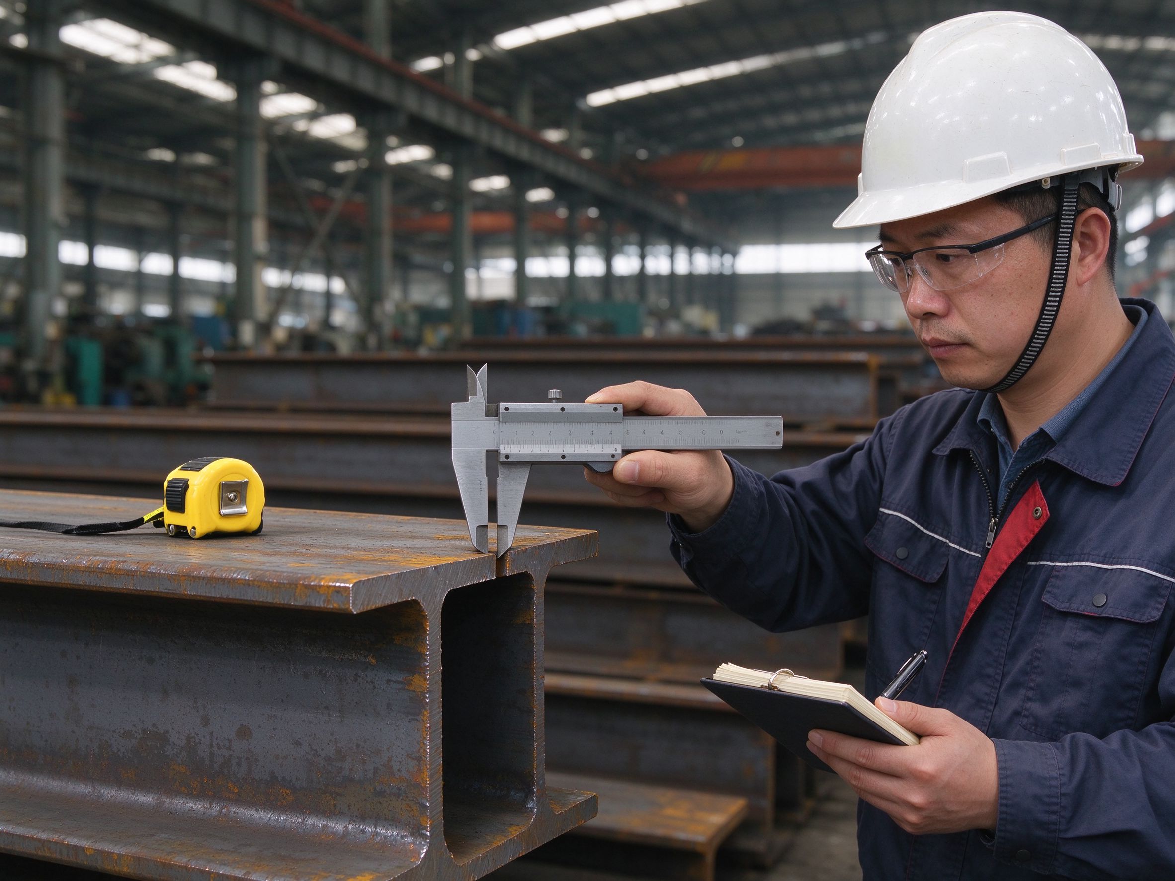 QC inspector measuring H-beam flange thickness with a caliper (illustrative concept image)