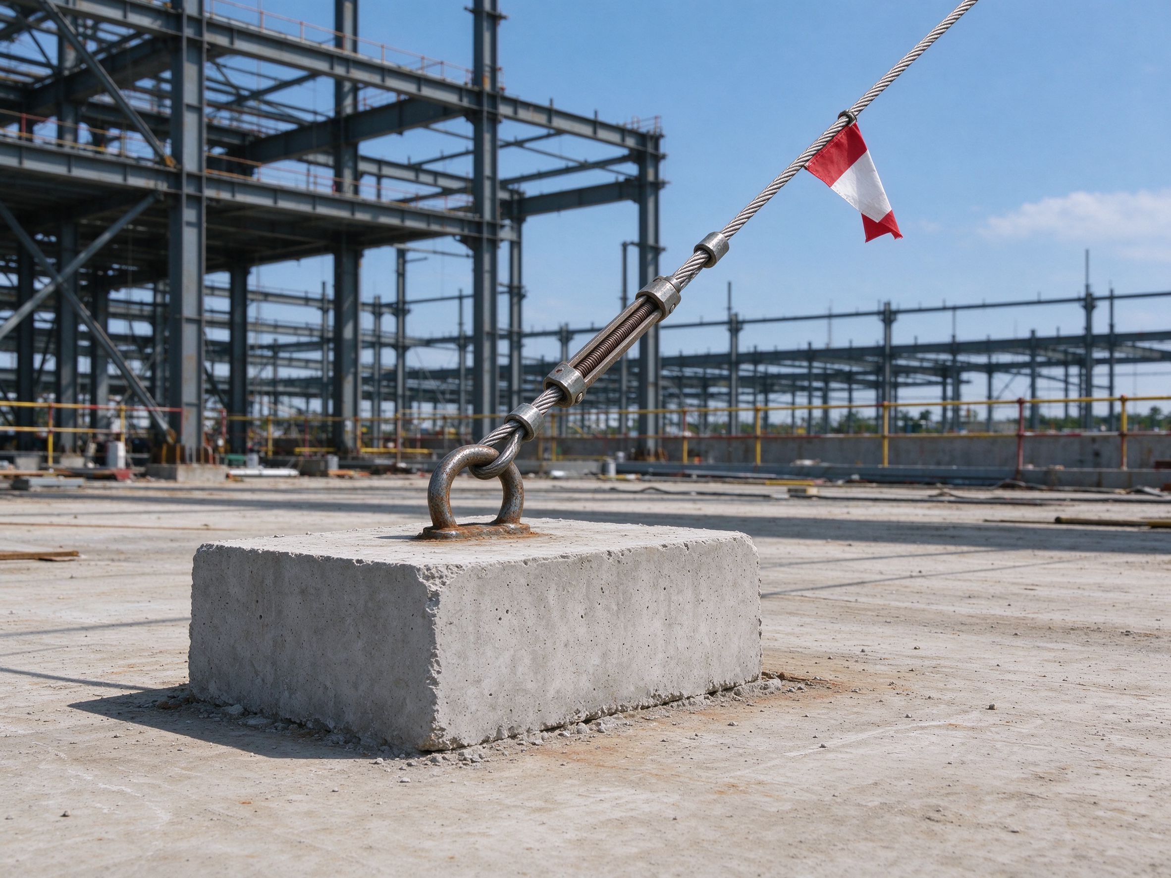 Concrete counterweight anchor with flagged guy wire (illustrative concept image)