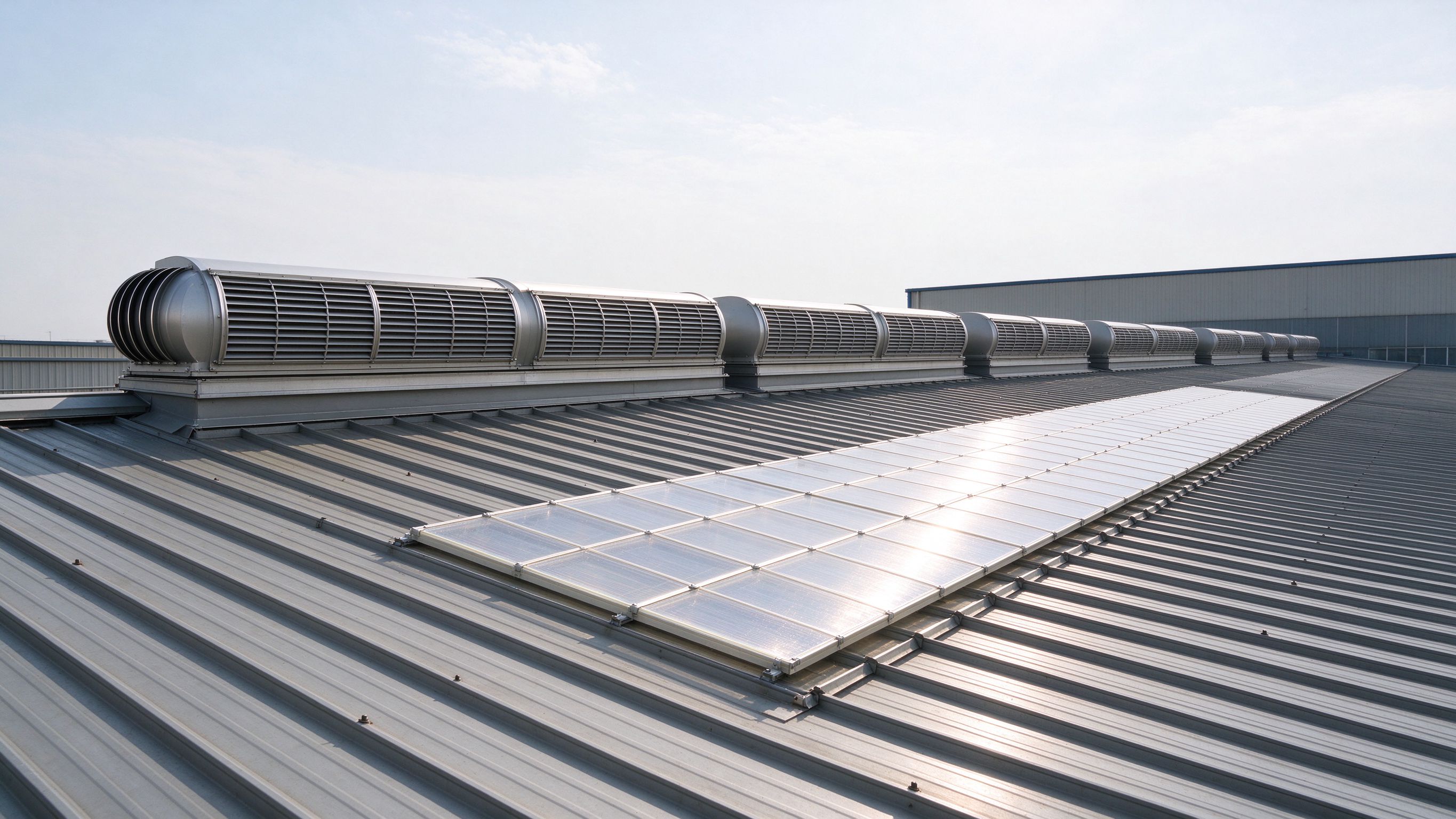 Ridge ventilators and daylighting panels on a steel building roof (illustrative concept image)