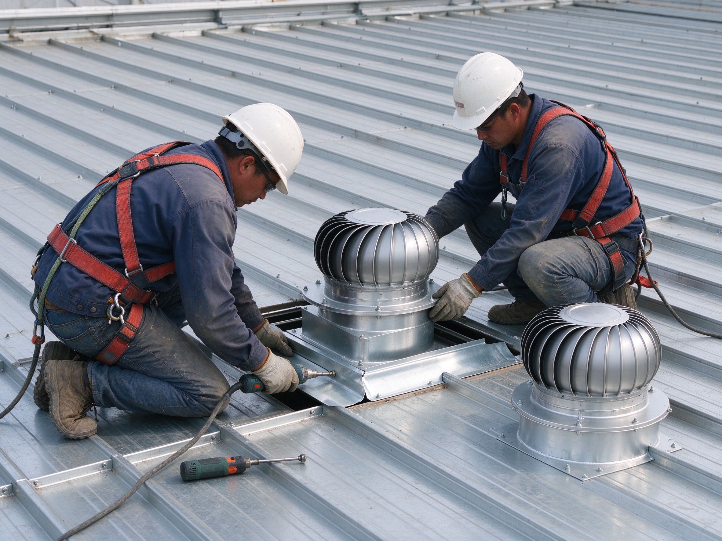 Workers installing a roof ventilator with fall protection (illustrative concept image)