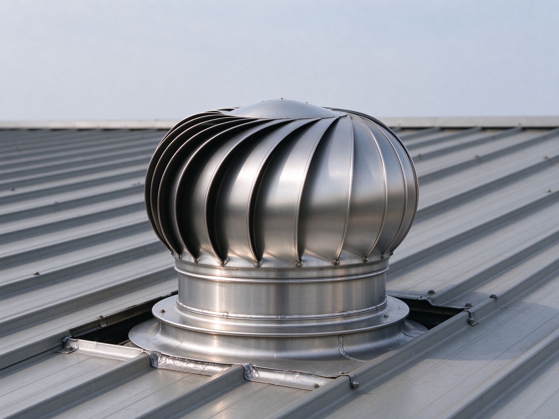 Turbo vent (wind turbine) on a steel roof (illustrative concept image)
