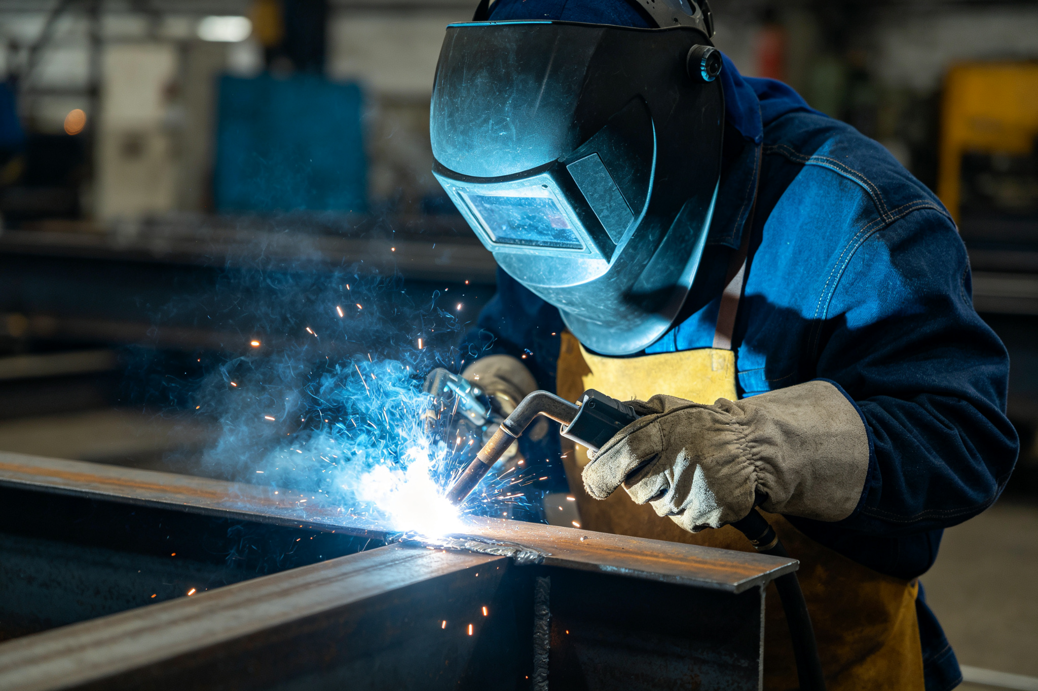 Welder welding large steel beam in factory