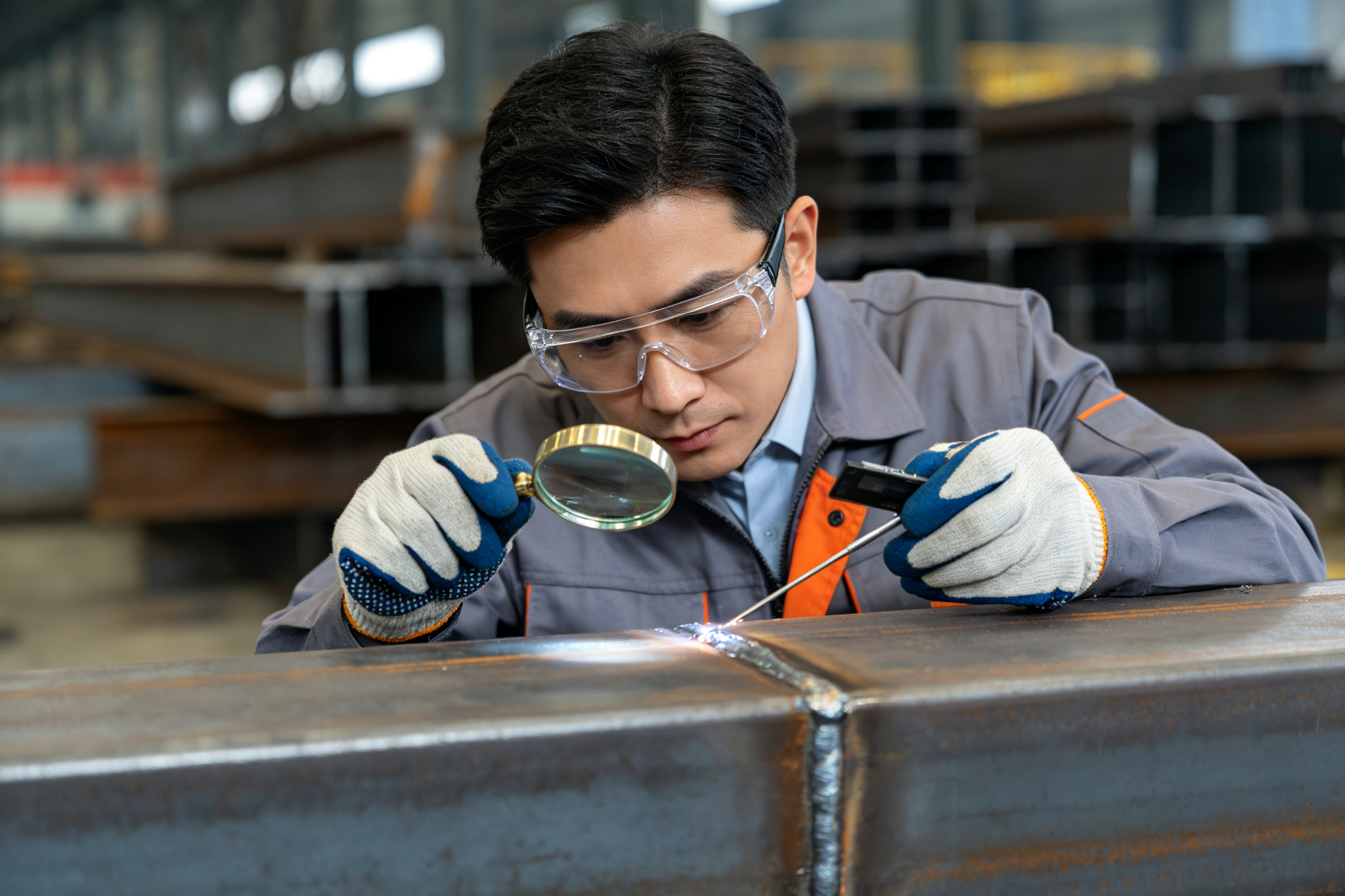 Welding inspector examining steel weld with magnifying glass